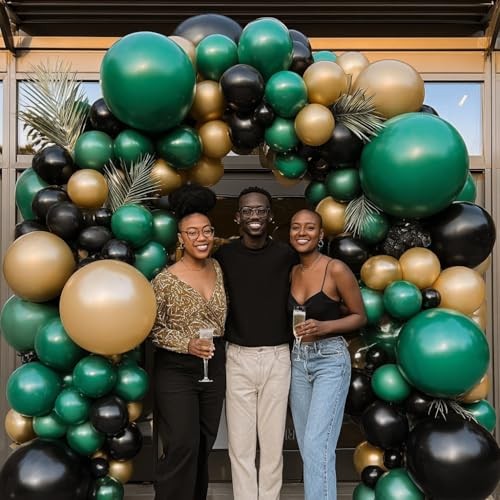 Dark Green and Gold Black Balloon Arch Kit, Double Stuffed Emerald Green Black