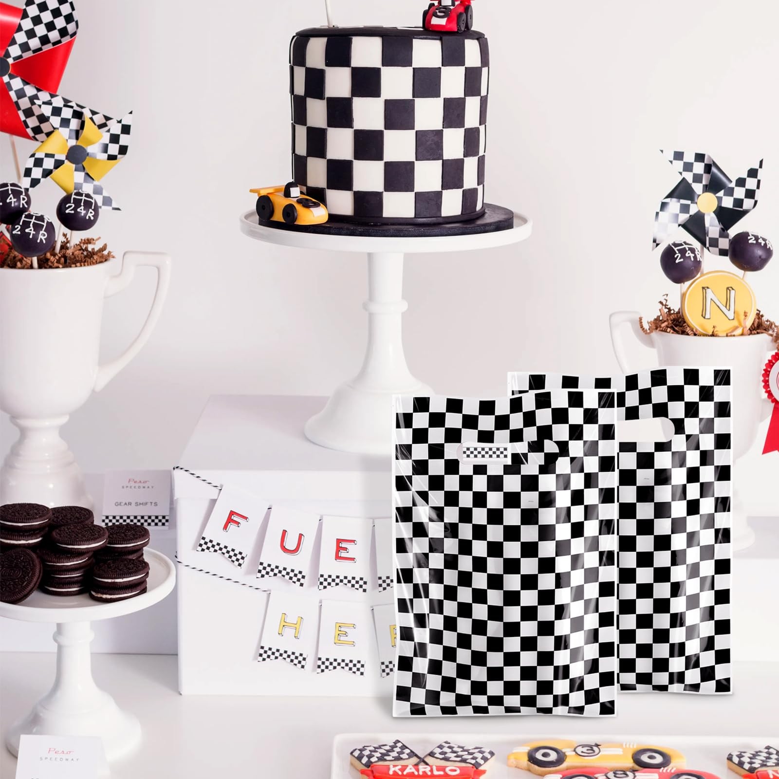 Race Car Theme Party Favors, 50 Plastic Checkered Bags, Black