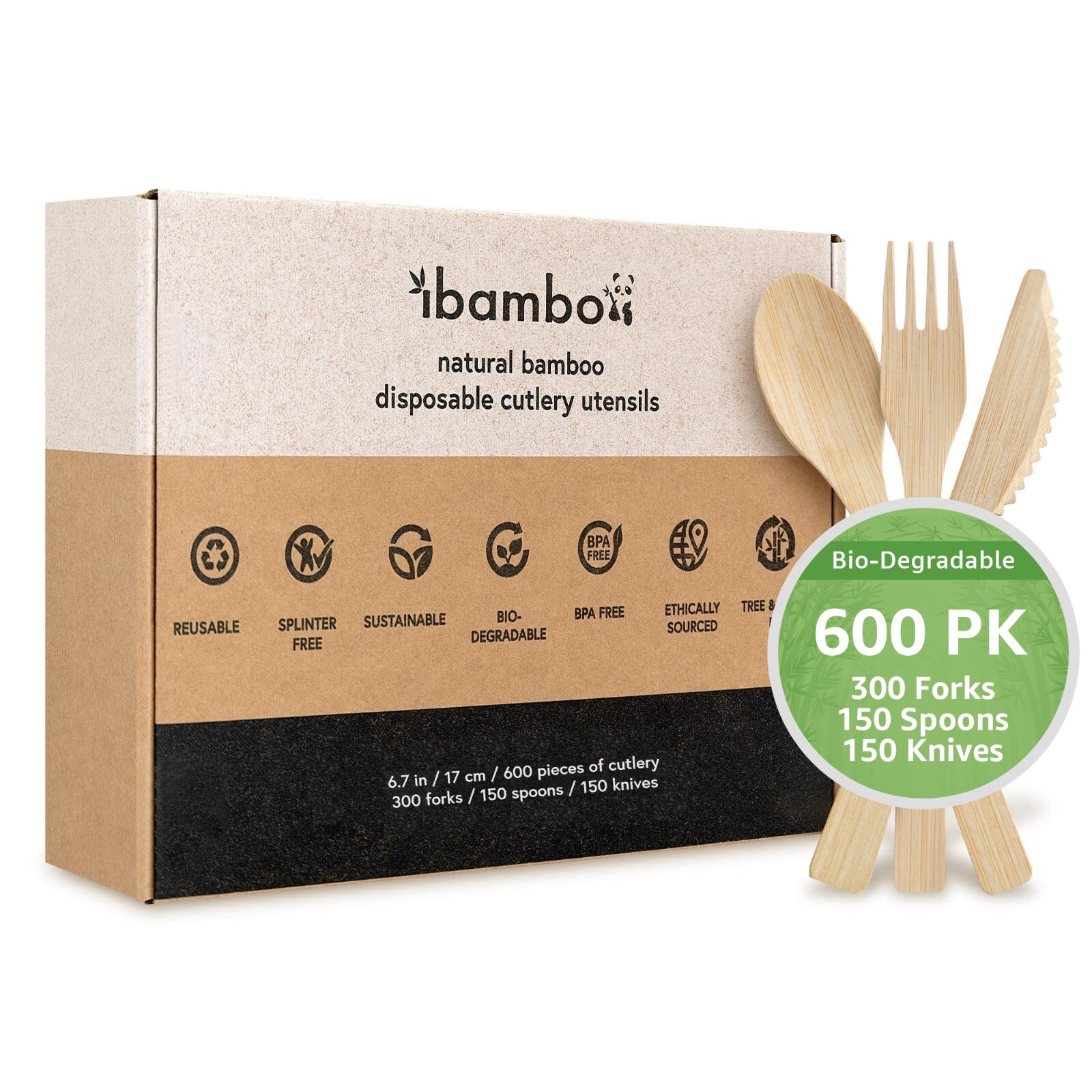 Ibambo Bamboo Utensils – 300 Forks, 150 Spoons, 150 Knives – Disposable or Reuse