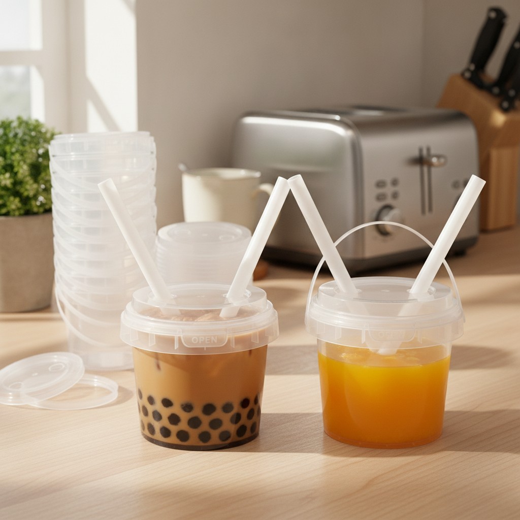 25Oz Reusable Plastic Drink Buckets with Lids and Straws – 10 Pack