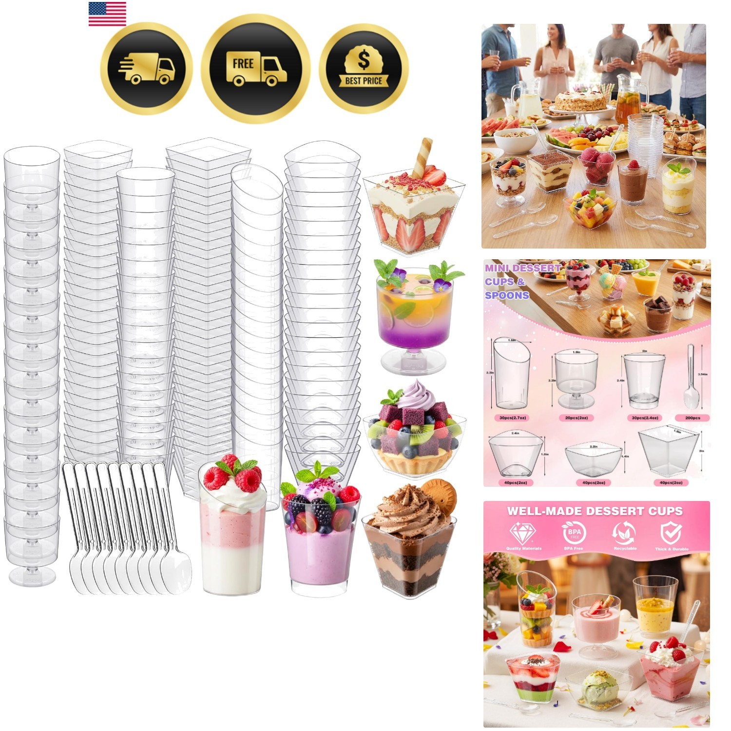 400 Pcs Mini Dessert Cups with Spoons, 6 Styles Plastic Dessert Cups, Clear V…