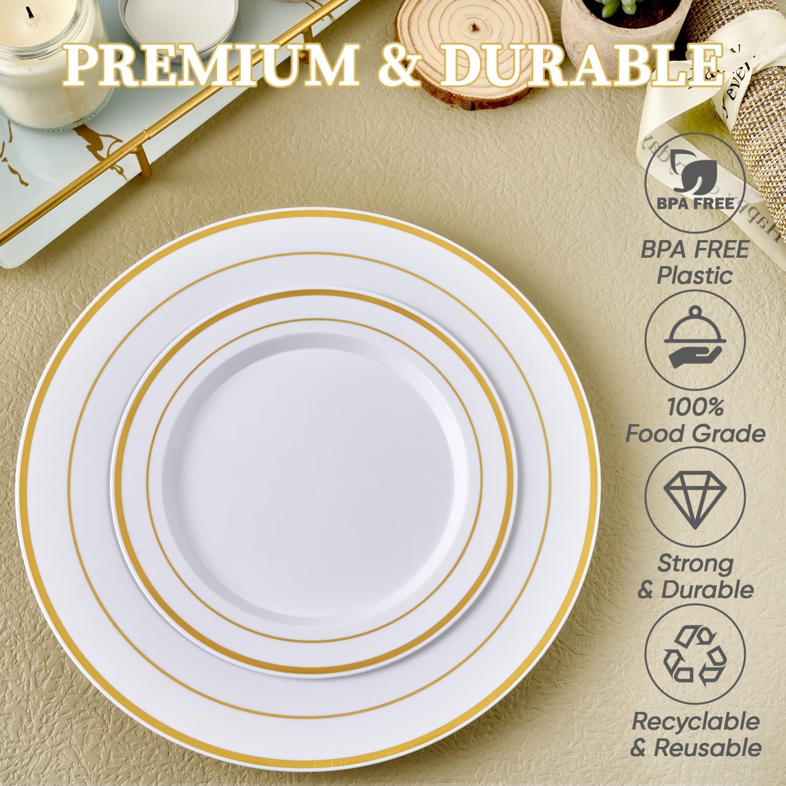 Elegant Gold Rim Disposable Plates Set of 60 – 30 Dinner & 30 Salad Plates, Heav