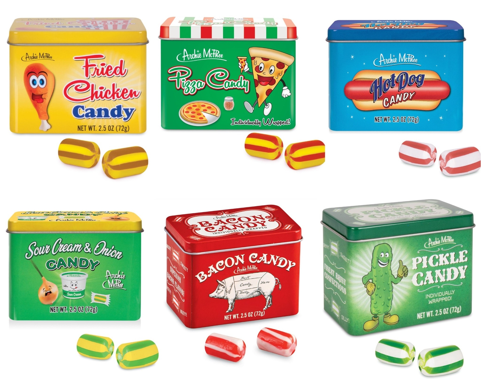 6 Assorted Pickle-Bacon-Pizza-Hot Dog-Sour Cream-Fried Chicken – Candy Tin Sets