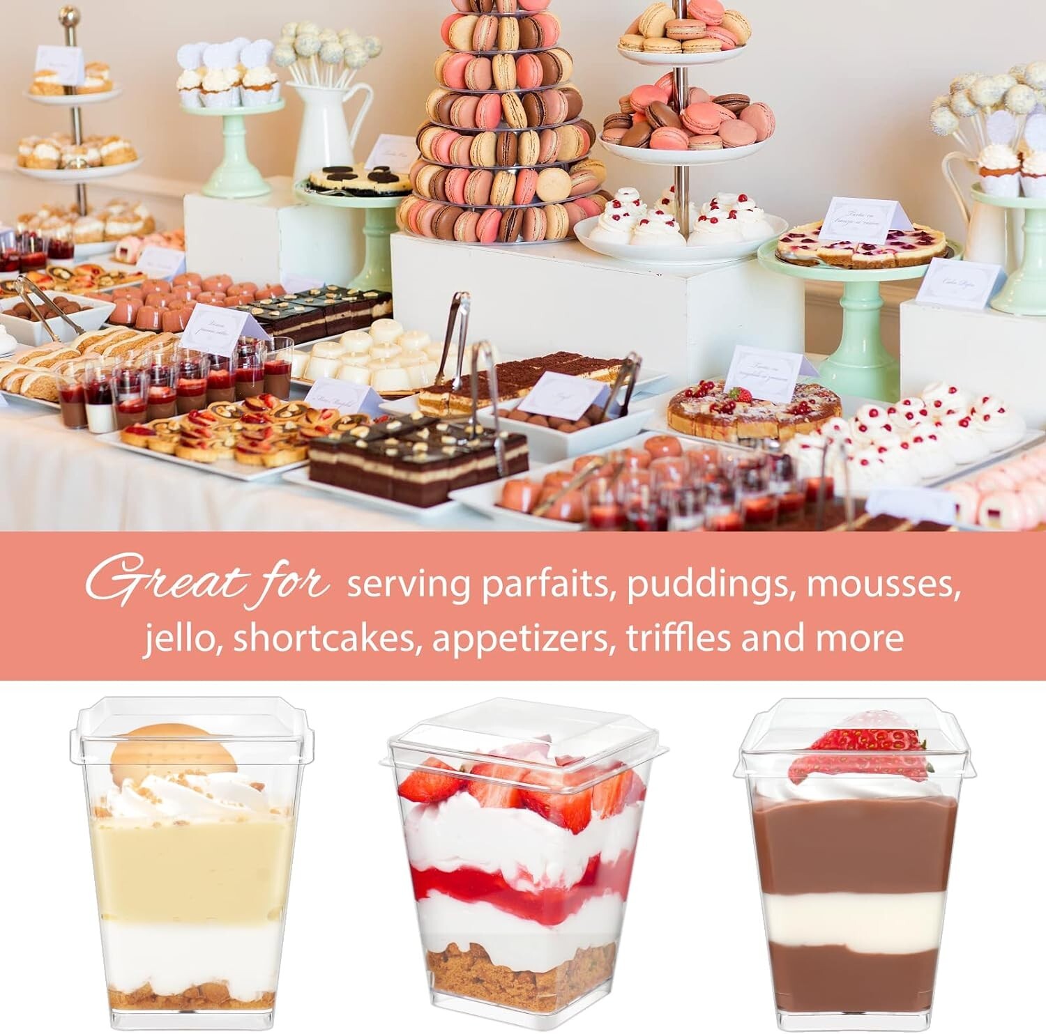 50 Pack 5 oz Clear Plastic Dessert Cups with Lids & Spoons for Elegant Parties