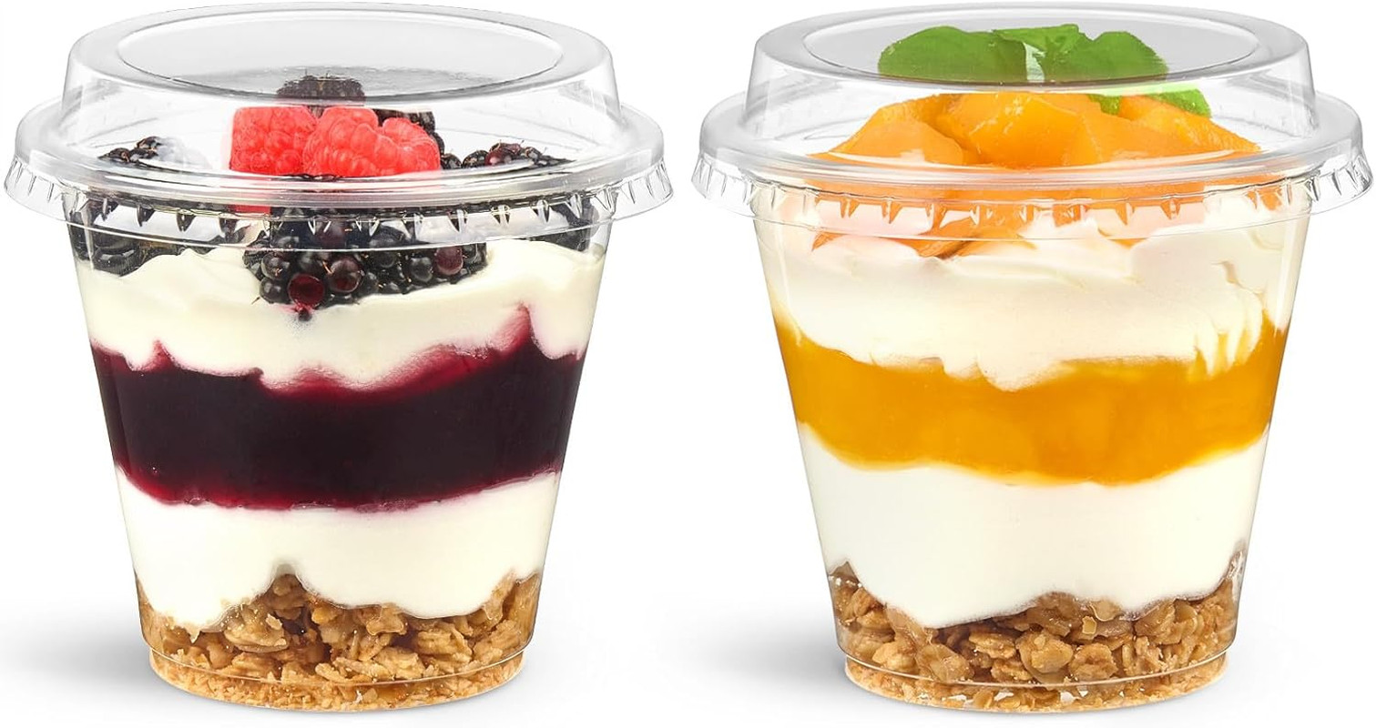 50 Pack 9 Oz Plastic Dessert Cups with Lids, Small Plastic Yogurt Parfait Cups,