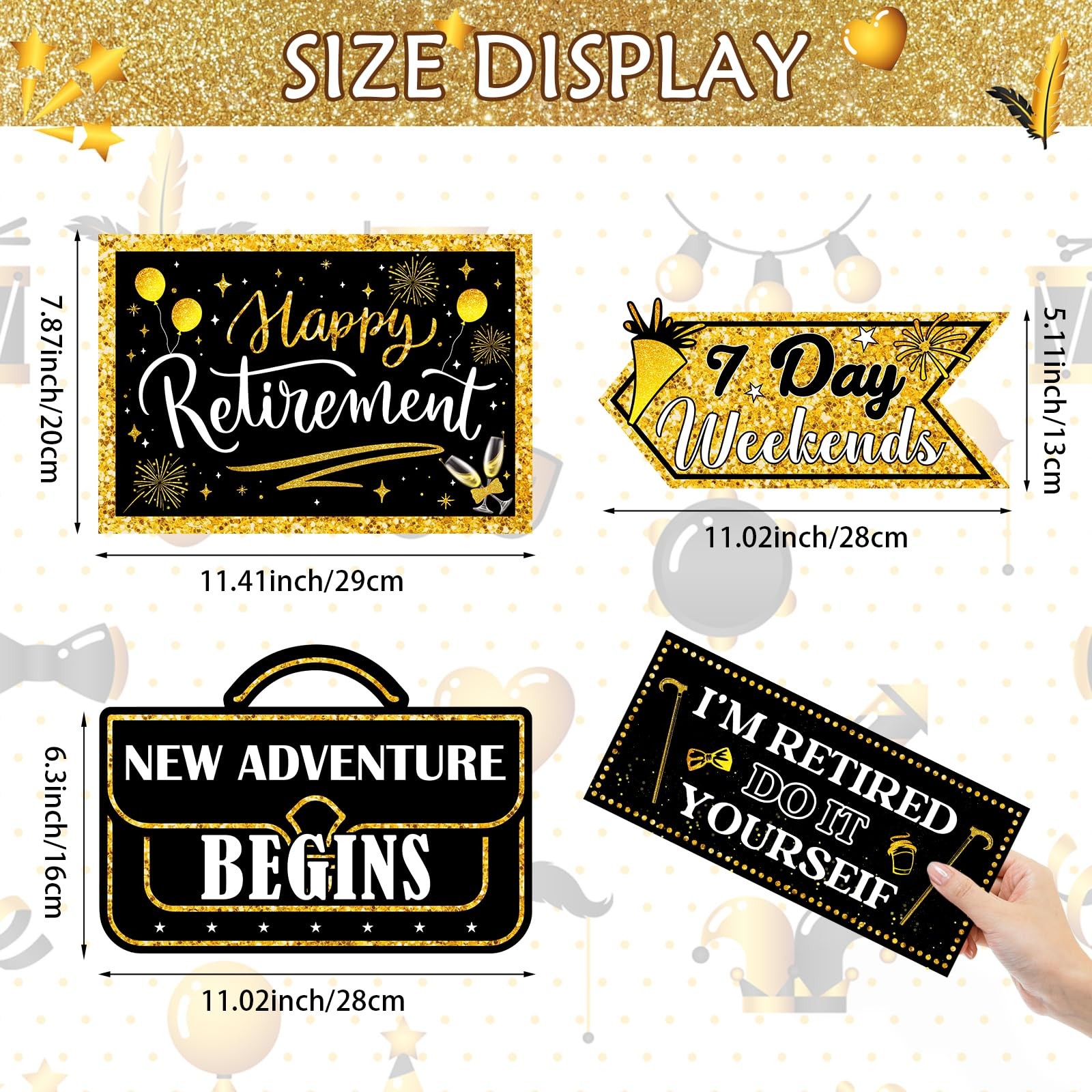 20 Pcs Black and Gold Happy Retirement Banner Sign Party Decorations