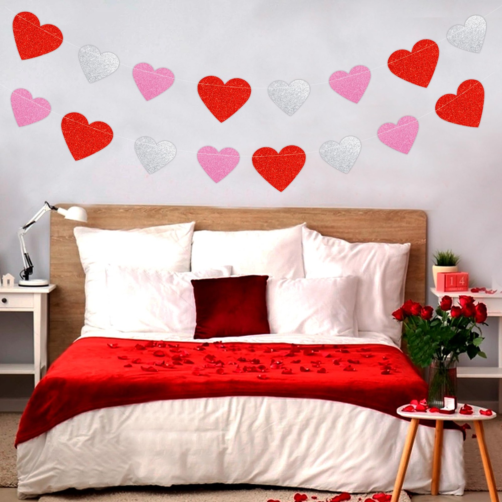 72 Hearts Garland Banner Valentines Decorations – Pre-Strung Red Pink Silver