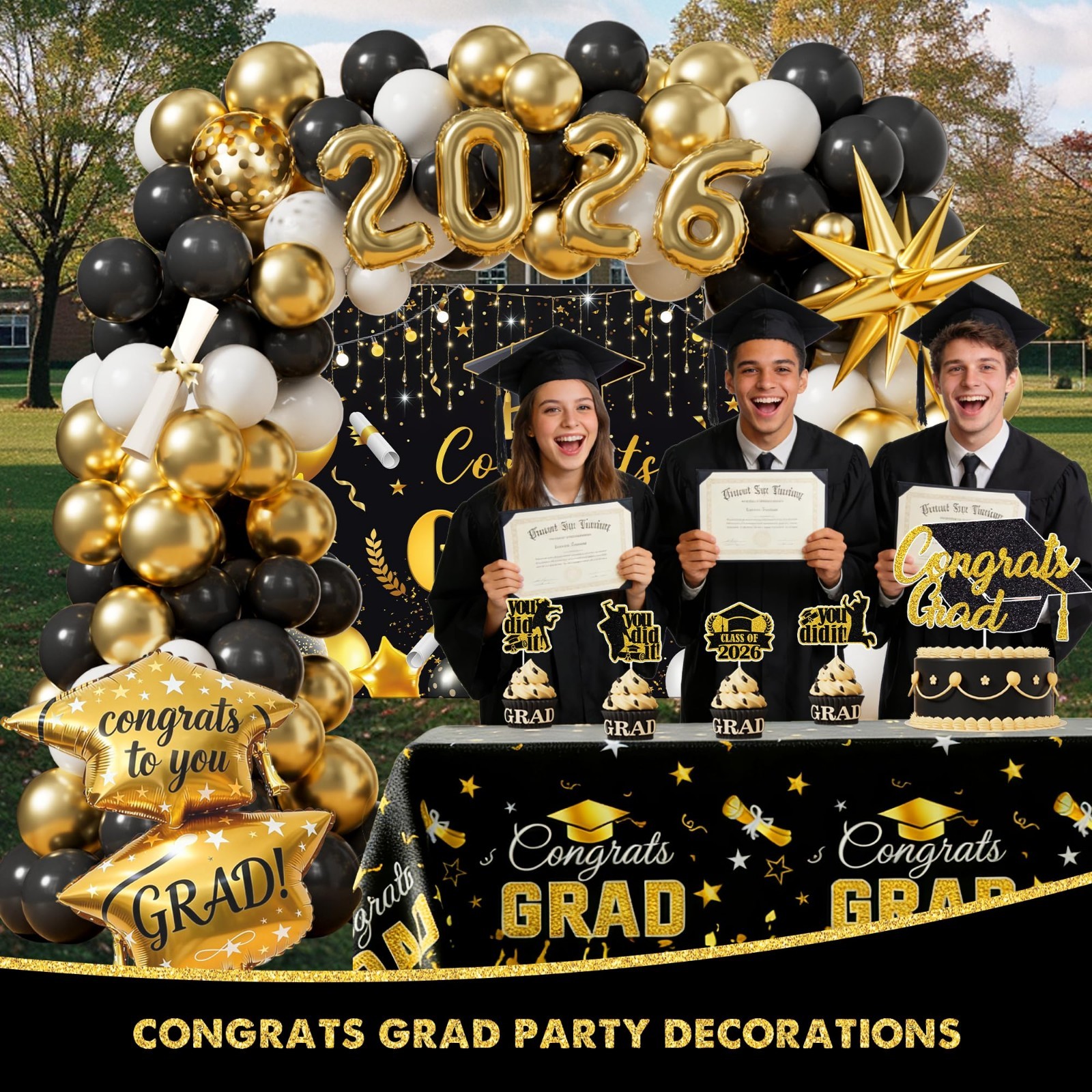 2026 Graduation Party Decorations Kit – Black Gold Congrats Grad Supplies Set, B