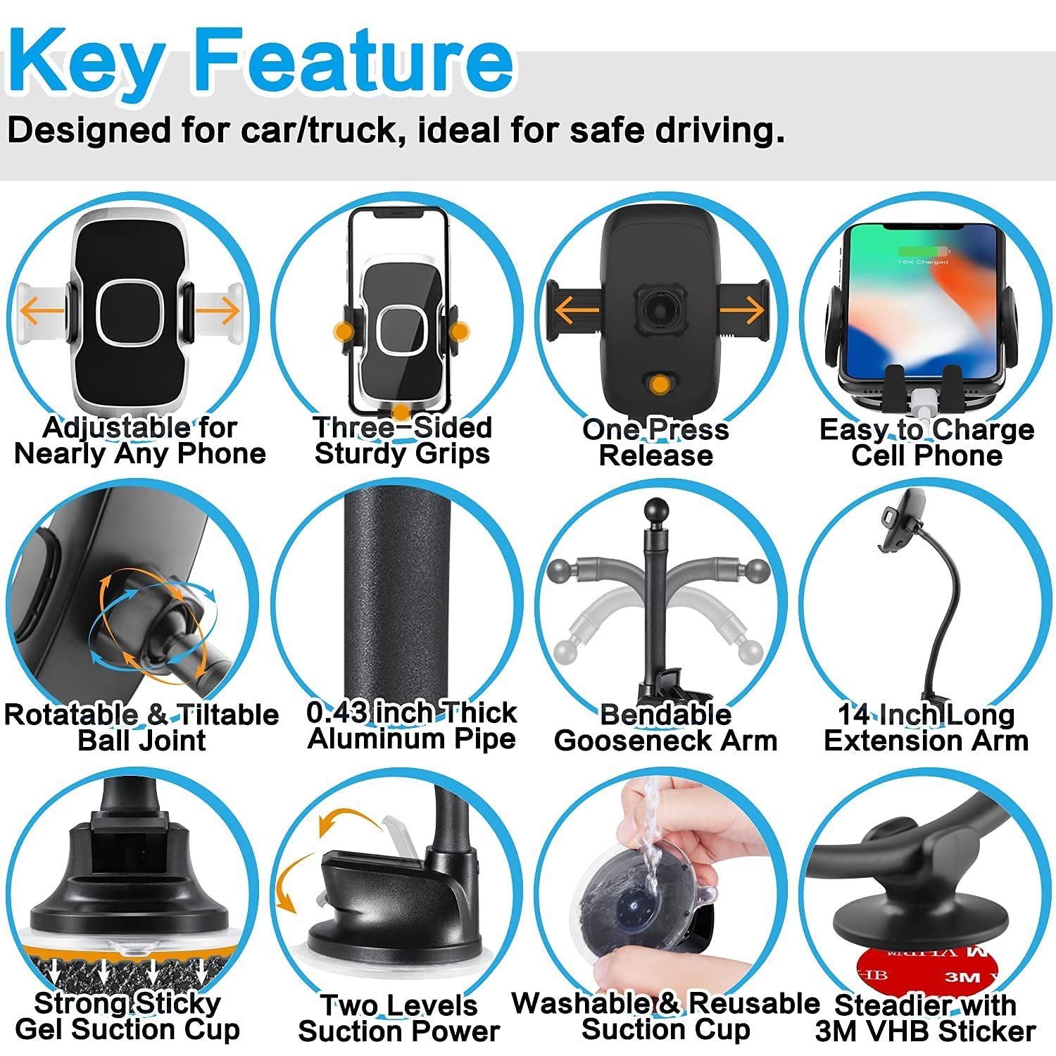 1Zero Solid Car Truck Phone Mount Holder with 14-Inch Gooseneck Long Arm, Windsh