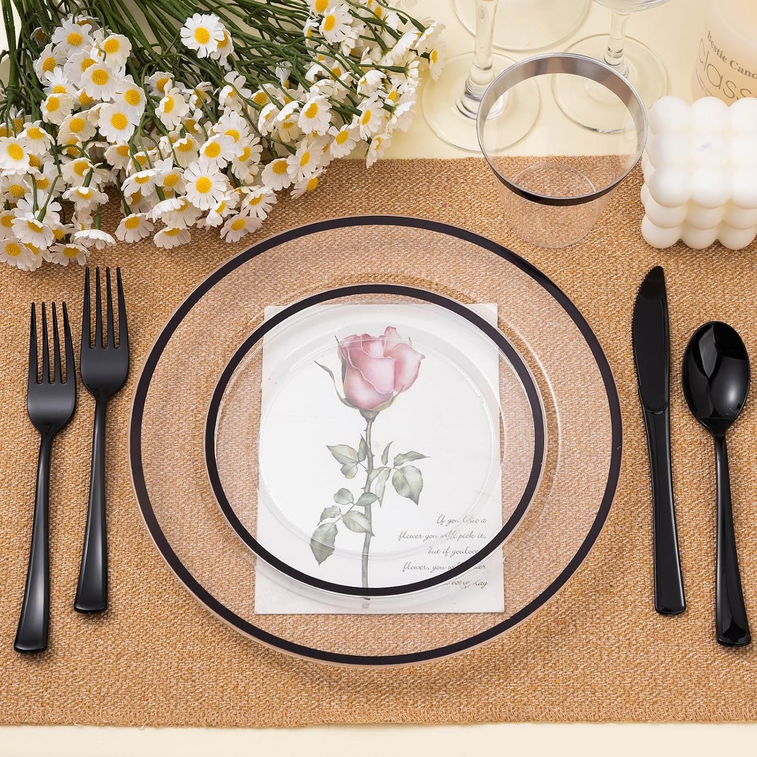 200PCS Black and Clear Plastic Plate, Black Disposable Plate