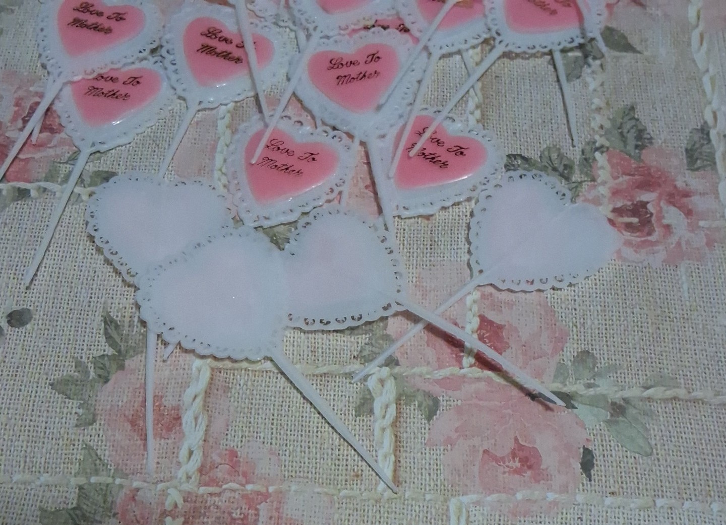 24 Vintage Mother’s Day Cupcake Picks Plastic Pink Hearts Crafts