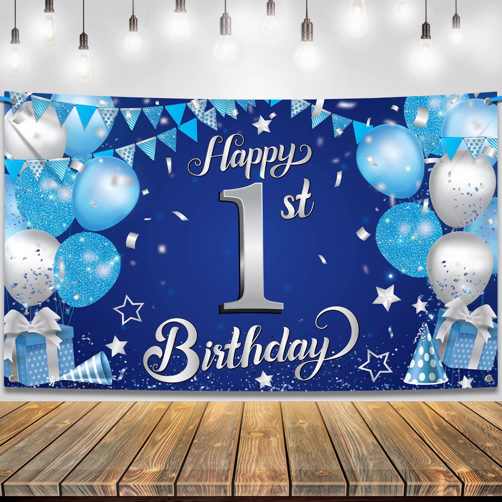 Happy 1st Birthday Banner Boy – 72×44 Inch, Xtralarge | Blue and Silver 1st Bir