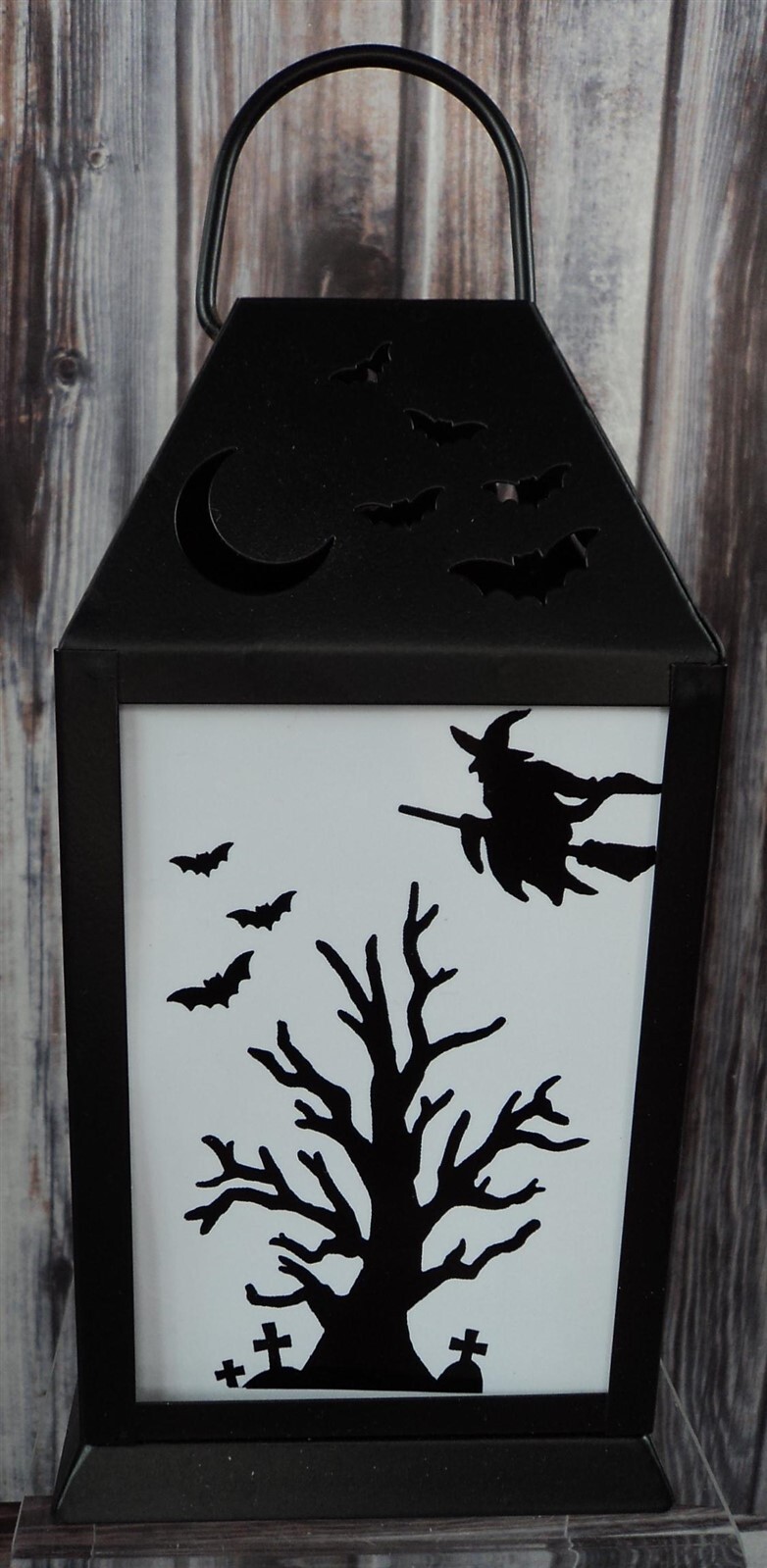 Halloween Black & White Witch w/ Bats Light Up Lantern