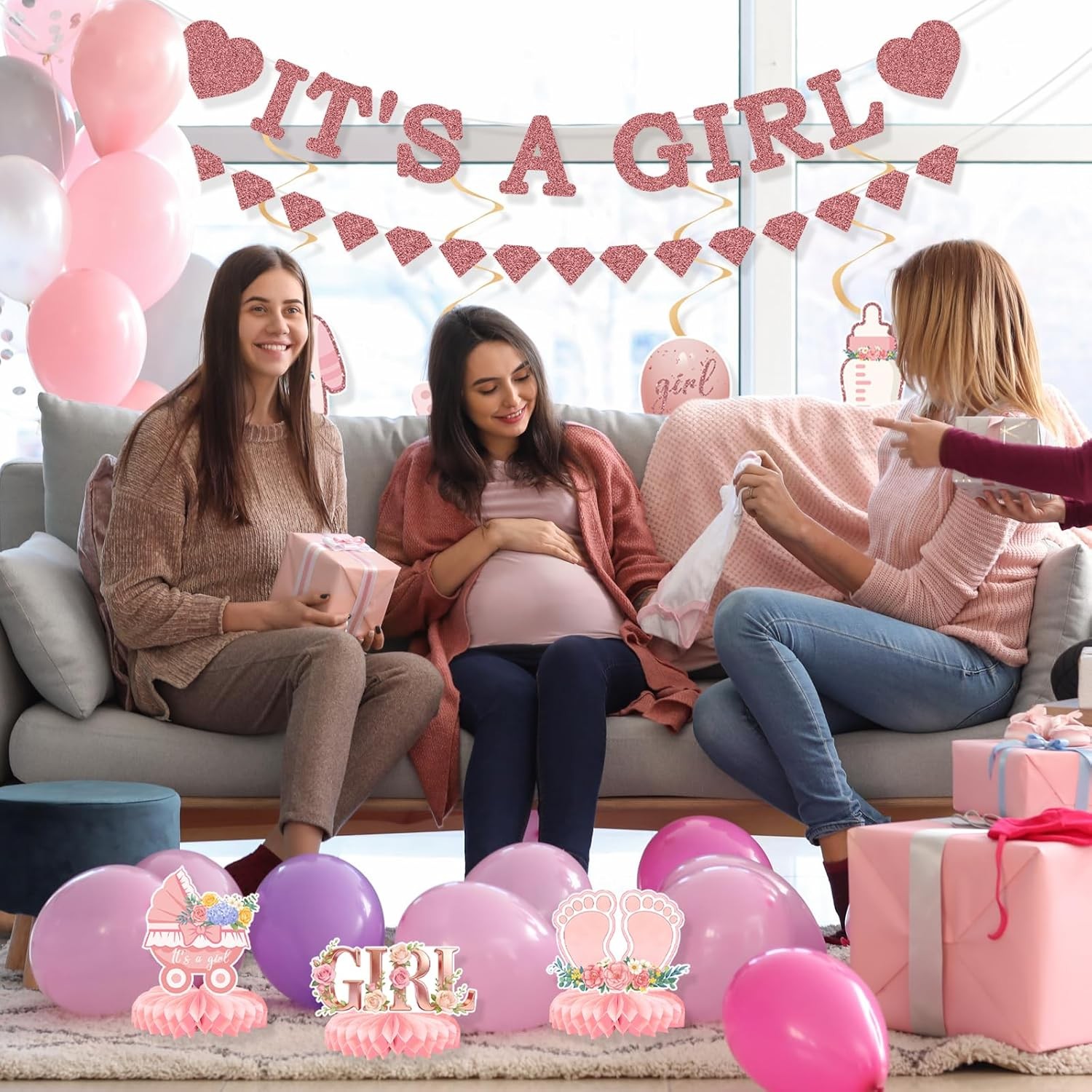 Pink Baby Girl Party Decorations Set 9Pcs Rose Gold Baby Shower Decorations