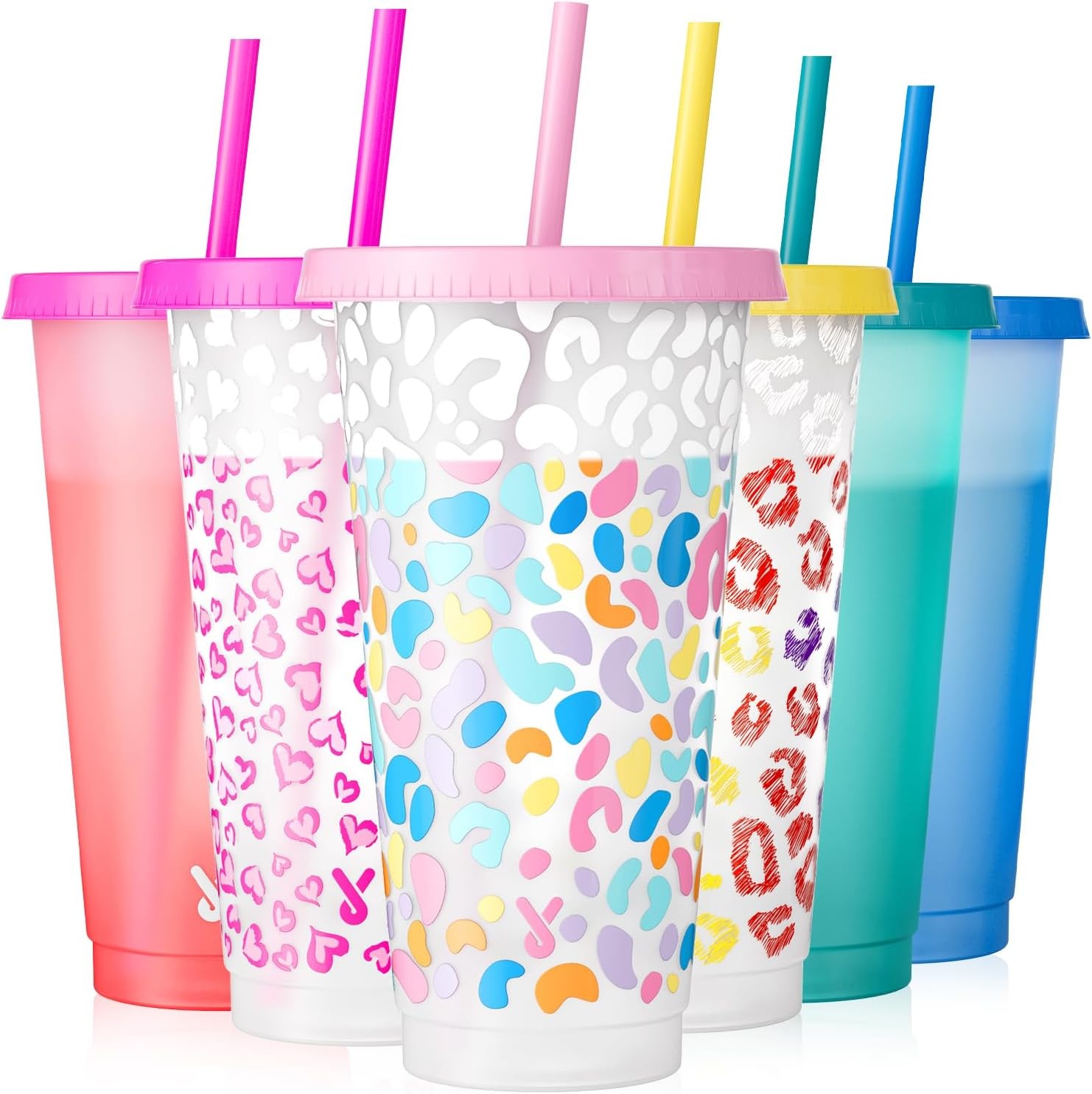 Meoky Plastic Cups with Lids and 6 Count (Pack of 1), Solid & Patterned