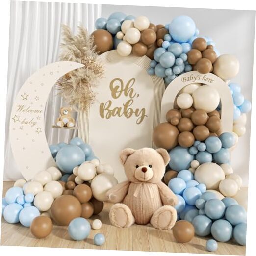 146Pcs Dusty Blue and Brown Balloon Arch Kit, Bear Baby Shower Decorations