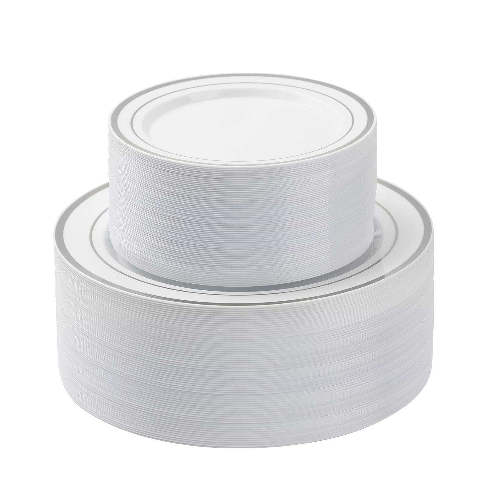 100 Piece Silver Rim Plastic Plates – 50 Dinner Plates 10.25″ & 50 Dessert Pl…