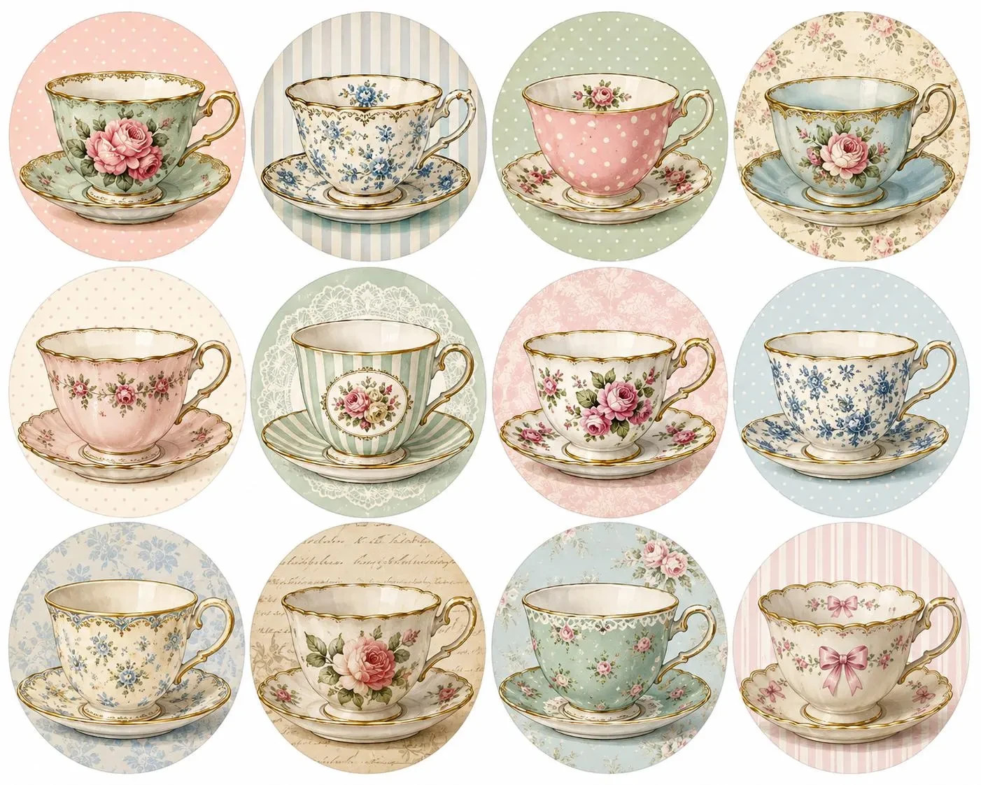 Vintage Teacup Cupcake Toppers Edible Images Tea Party Bridal Shower 12 Circles