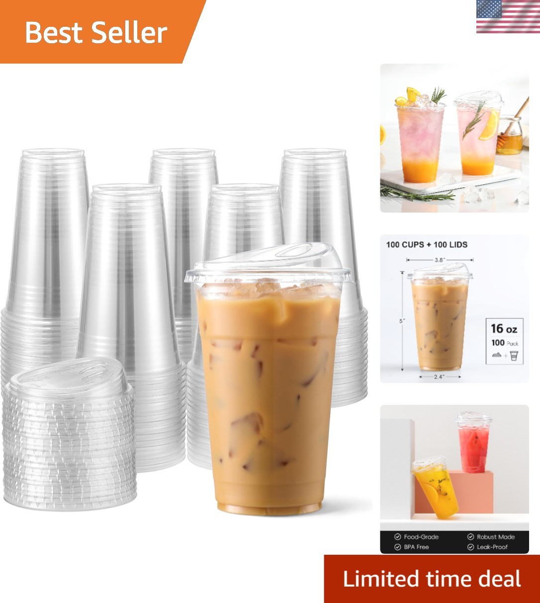 Clear Plastic Cups with Lids 16oz 100 Pack Disposable Iced Coffee Party Drink