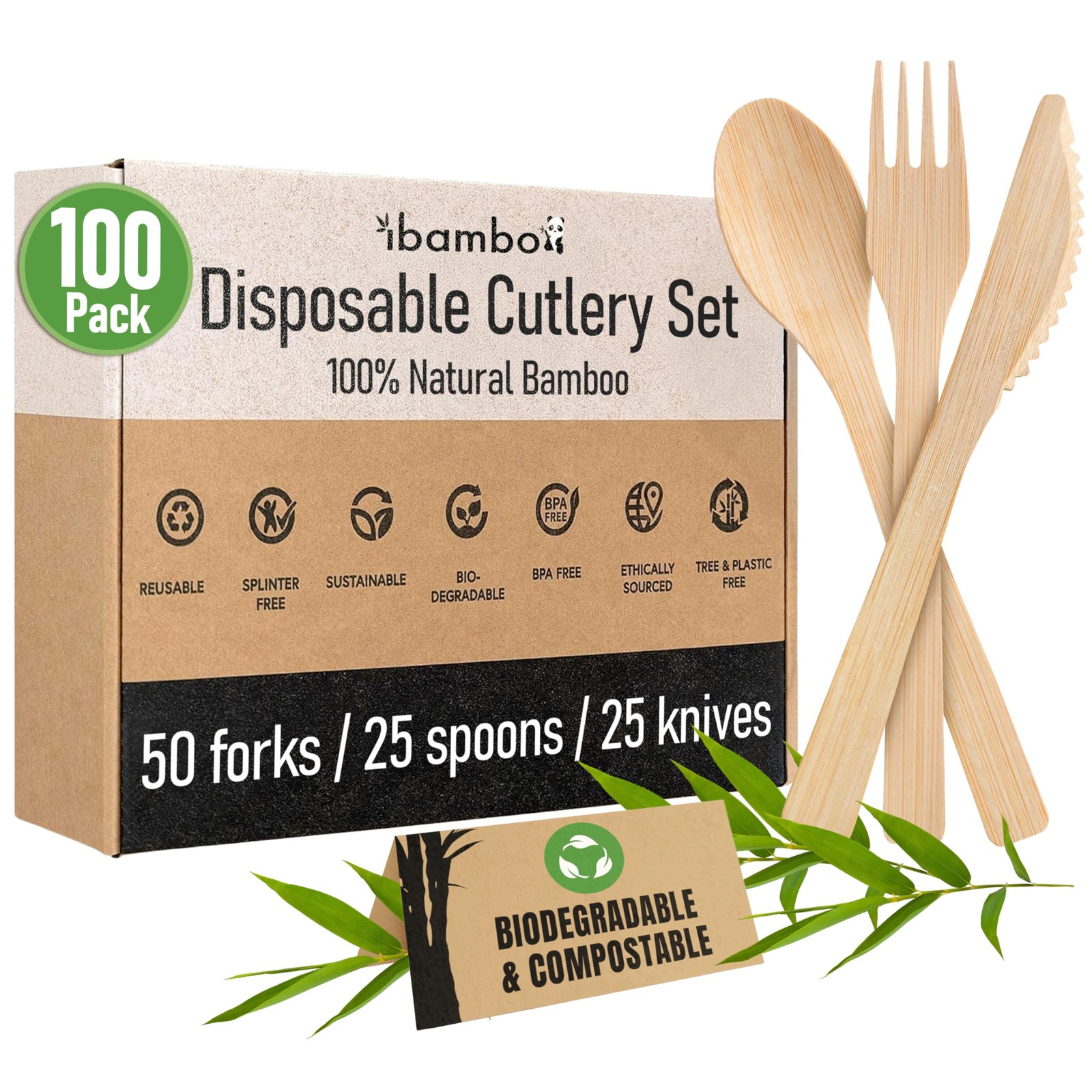 100% Bamboo Utensils Set – 100x Compostable Cutlery Set (50 Compostable Forks…