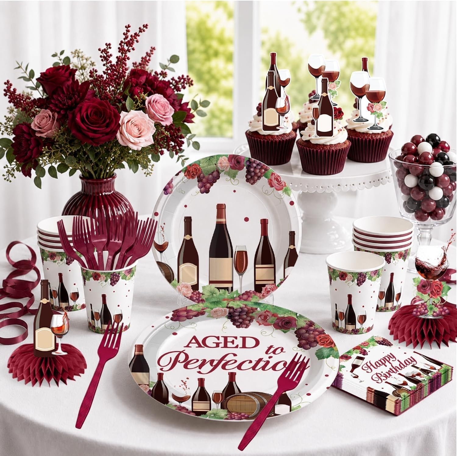 Wine Themed “Aged to Perfection” Birthday Decorations for 25 Guests NEW