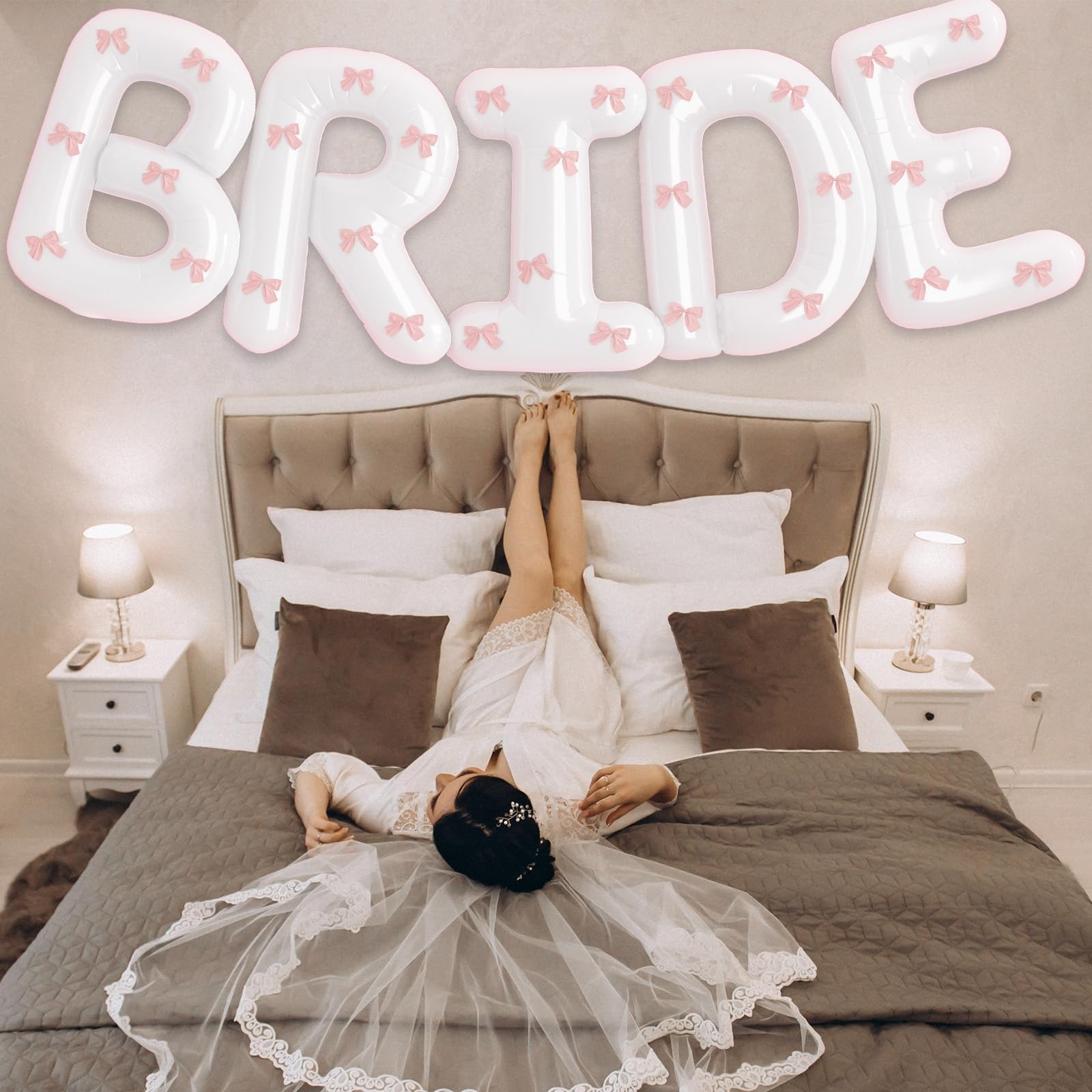 40 inch BRIDE Balloons Bachelorette, White Bride Balloons with Pink Bow for B…