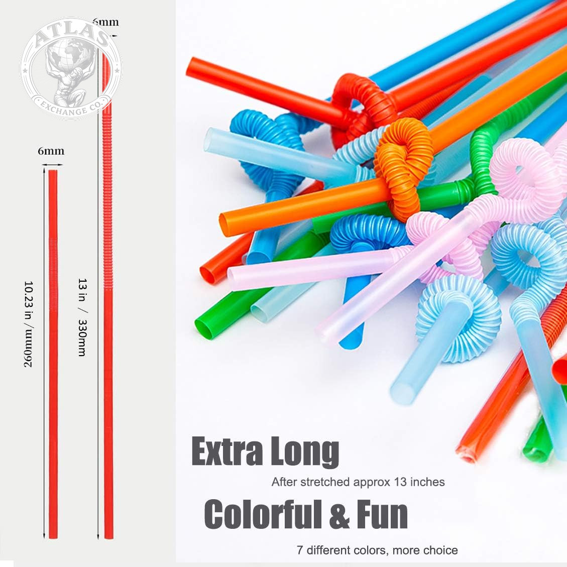ALINK 300 PCS Flexible Plastic Drinking Straws, 10.2 Inches Extra Long Colorful