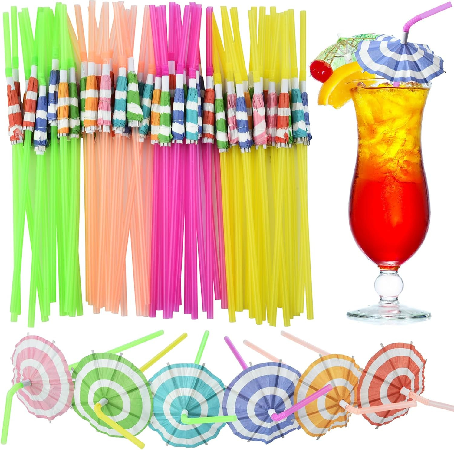 ALINK 100 PCS Umbrella Straws, Long Cocktail Drink Umbrellas Fancy Flower Bar St