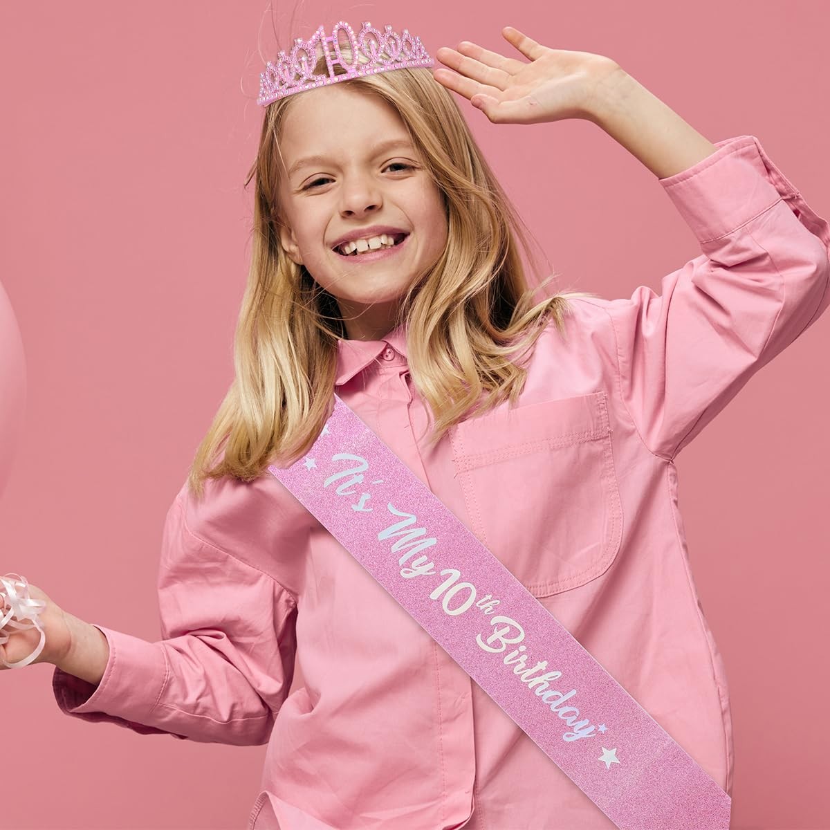 10th Birthday Decorations for Girls,Light Pink Headband Glitter Sash Set for…