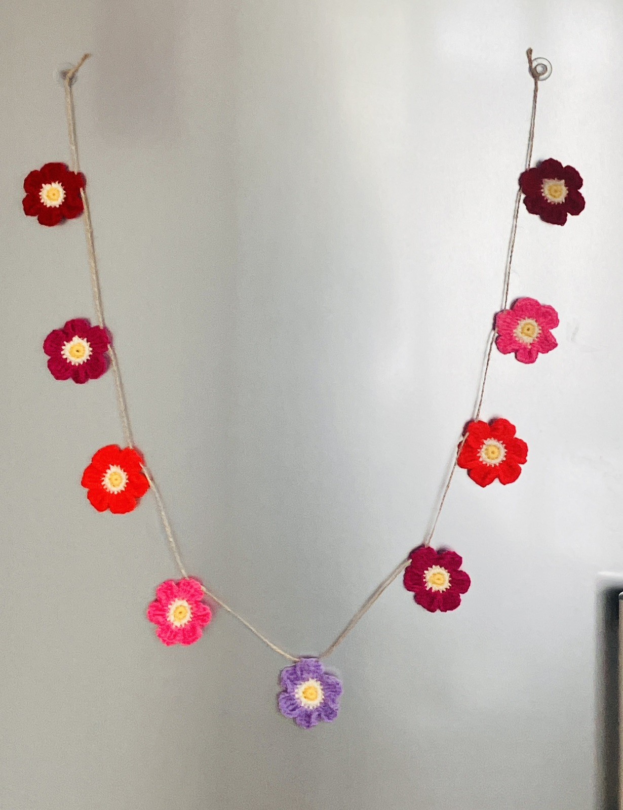 🌸NEW Hand Crochet PRETTY jute 9 Flowers Bunting Window Camper Summer 45” Gift