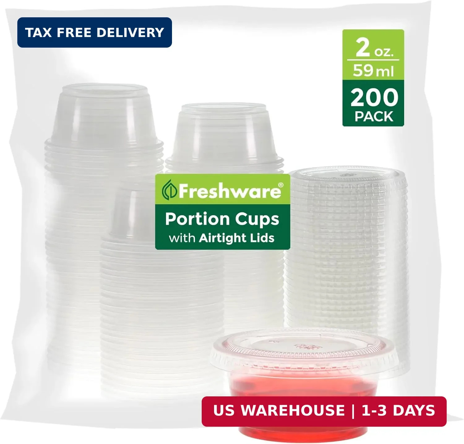 Freshware Plastic Portion Cups with Lids [2 Ounce, 200 Sets] Disposable Plastic