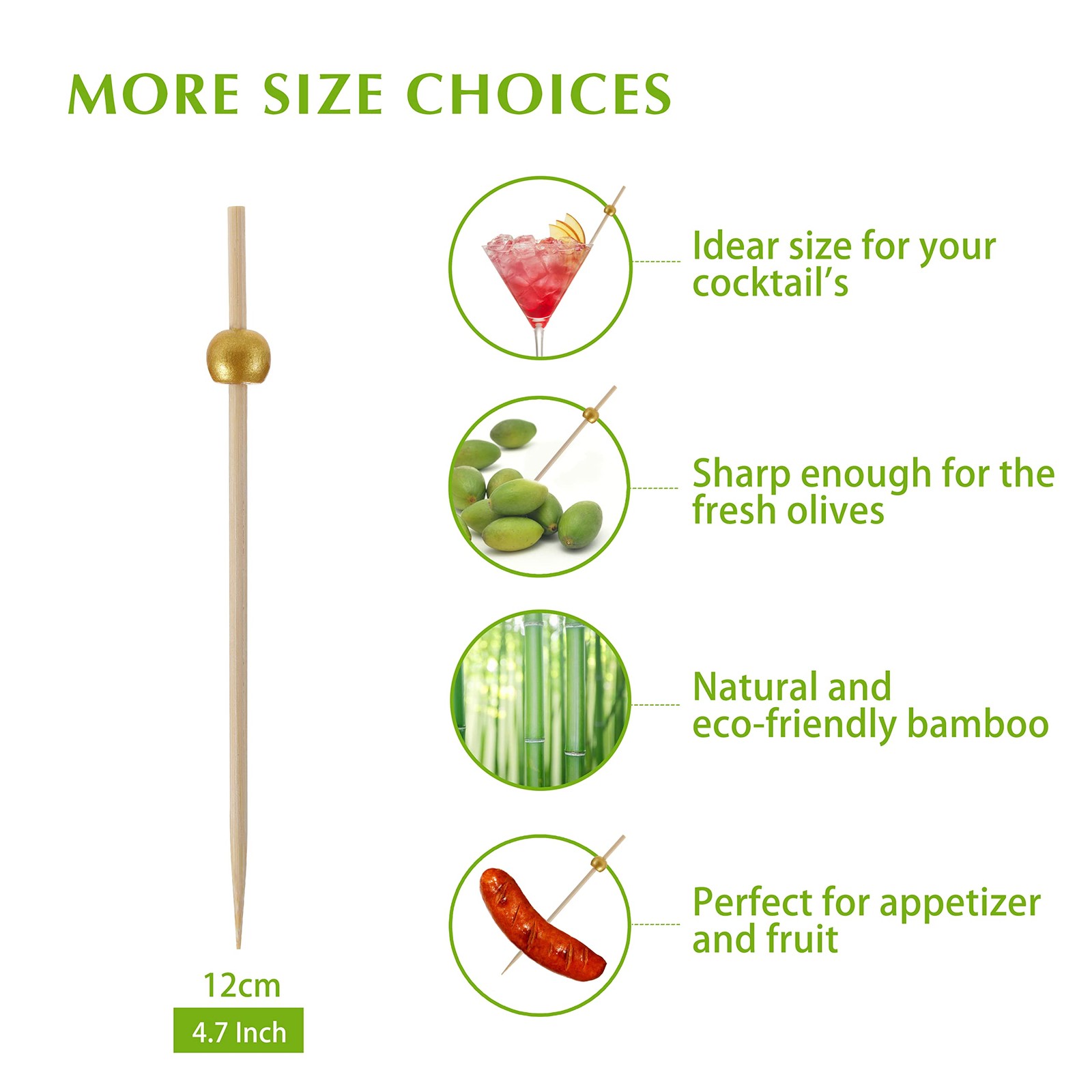 200 Pcs Cocktail Picks, 4.7 Inch Toothpicks for Appetizers, Bamboo Cocktail Stic
