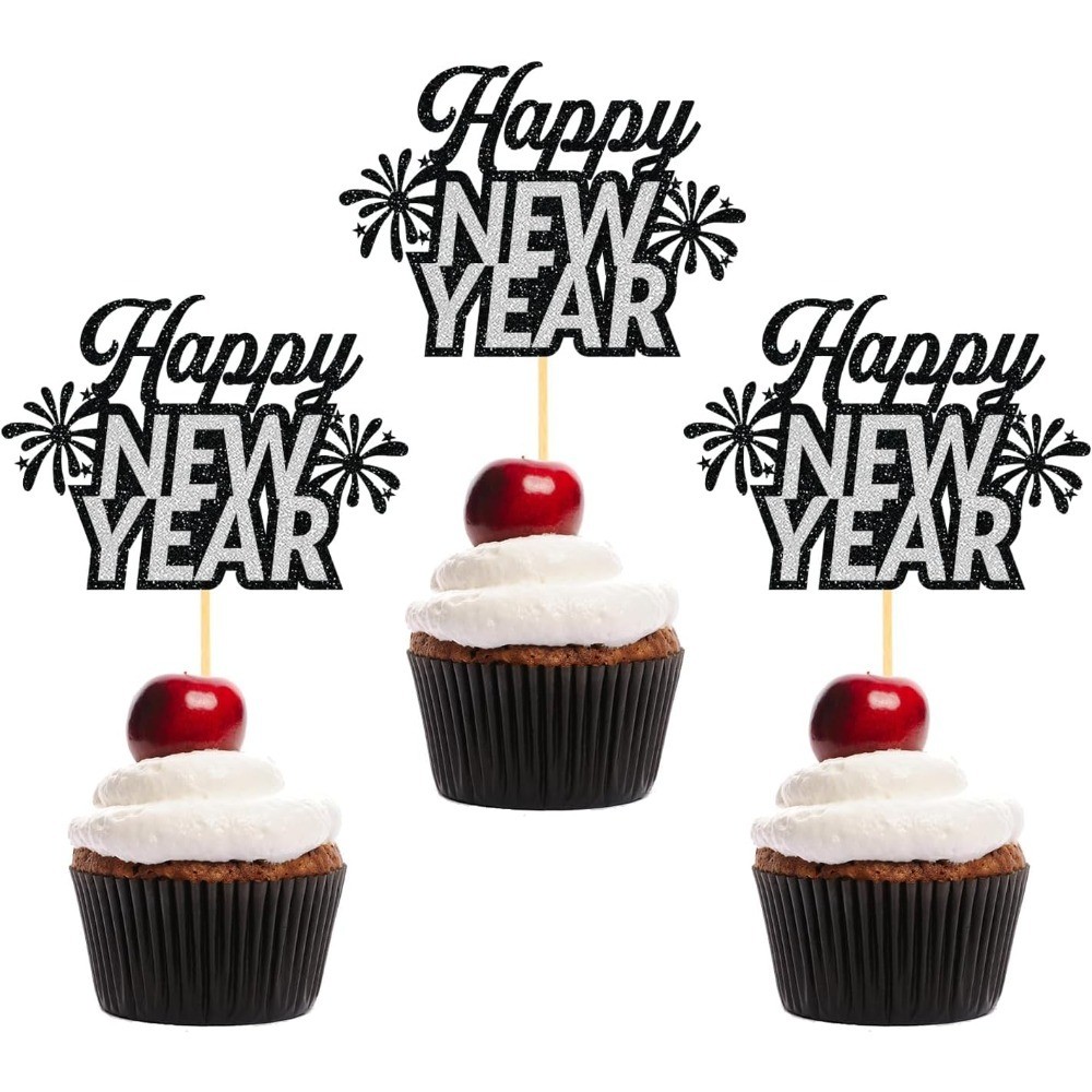 24 PCS Happy New Year Cupcake Toppers, Glitter 2026 Cake Topper for New Years