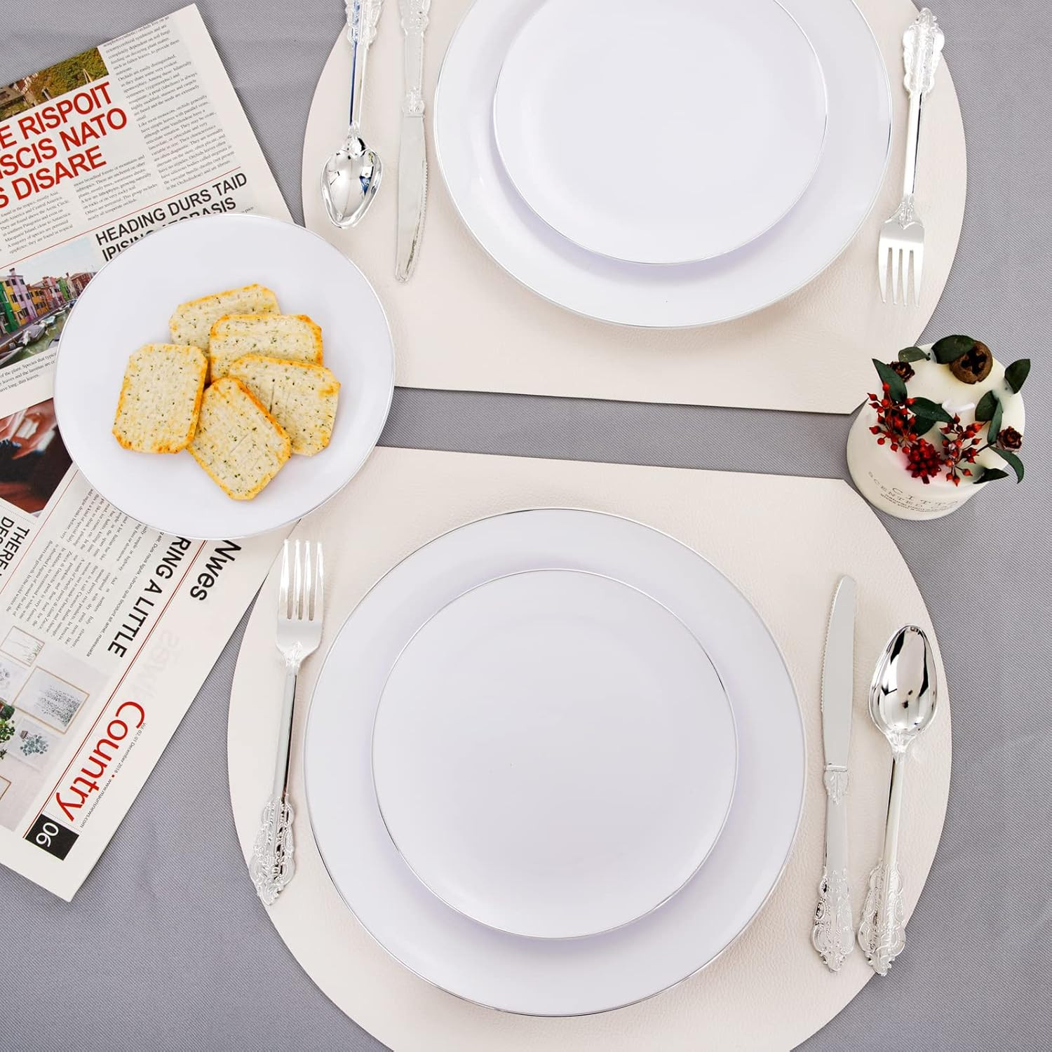 100PCS Silver Plastic Plates – Heavy Duty White Disposable Plates with Silver Ri