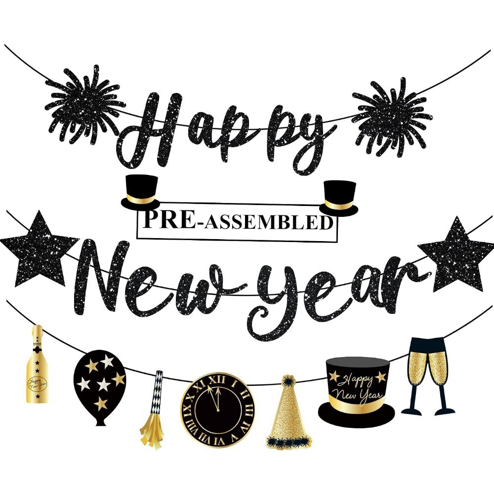 Happy New Year Banner Black Glitter Pre-Strung NYE Sign Garland Banner for Happy