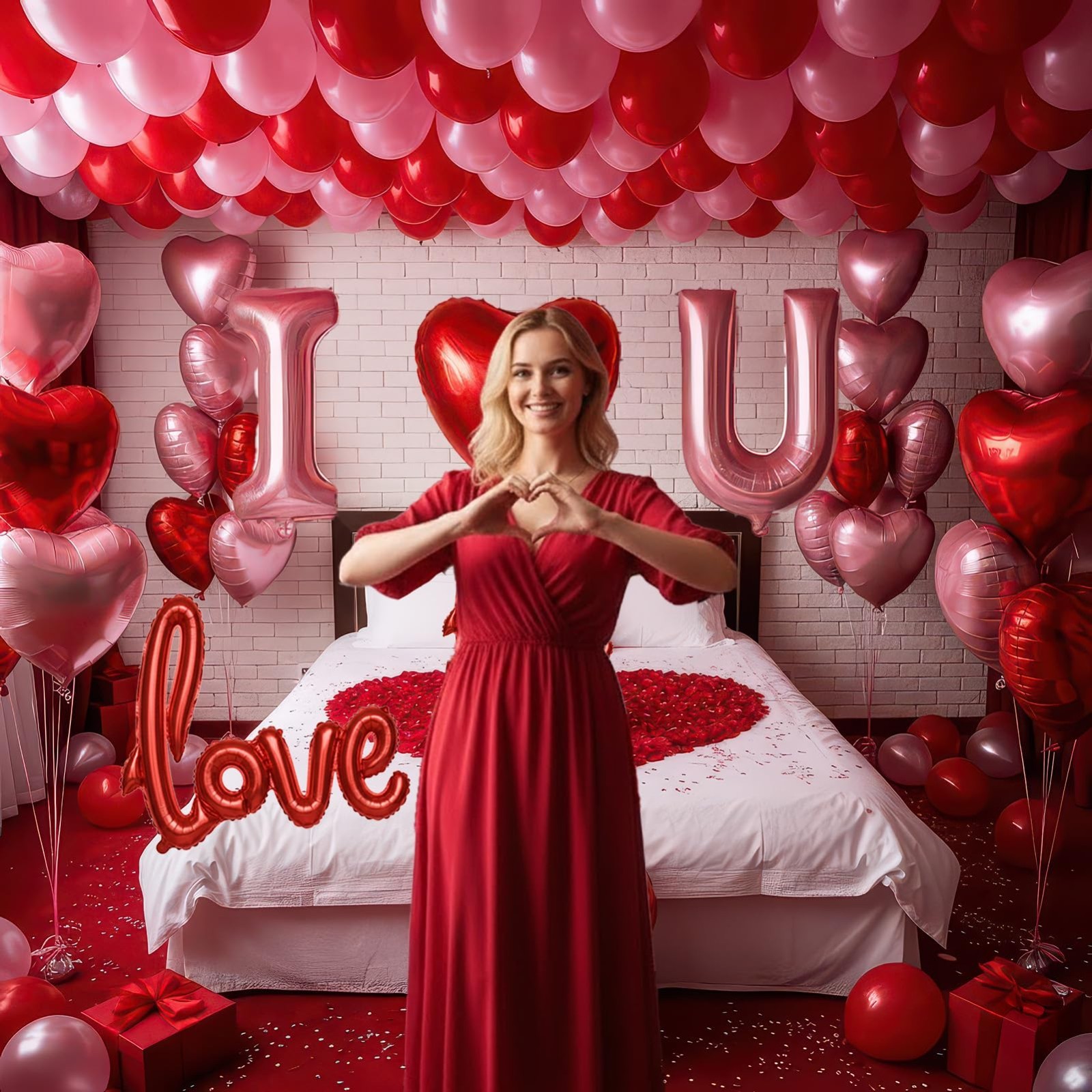 Romantic Red & Pink Heart Balloons Kit – Mylar LOVE Balloons & Rose Petals for V