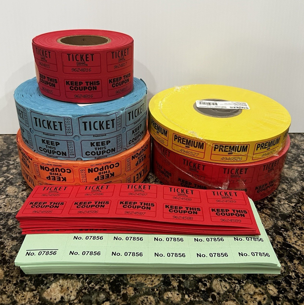 Staples Raffle Tickets Roll 2000 Count Multicolor Solid Party Theme MPN 19165