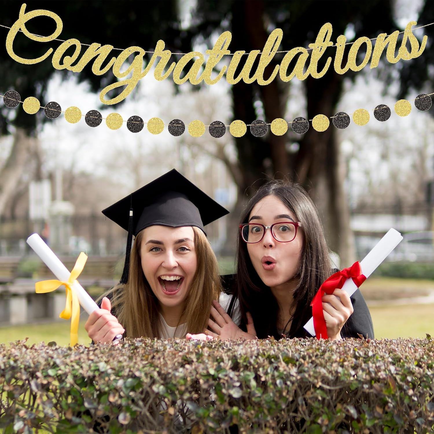 Gold Glitter Congratulations Banner with Black and Gold Circle Garland – Pre-Str