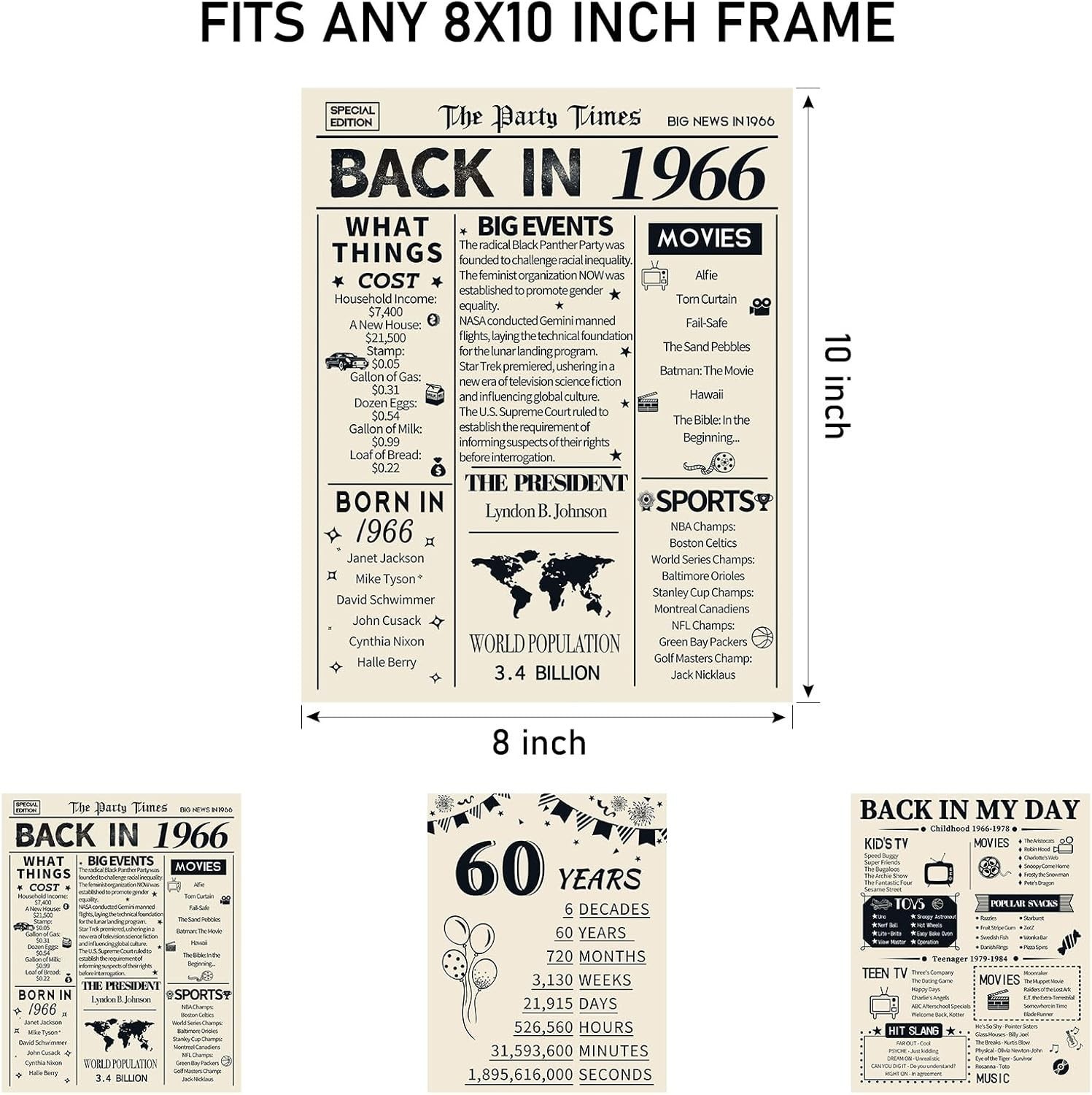 Retro 60th Birthday Decorations: 3 Vintage Posters Celebrating 1966 Memories
