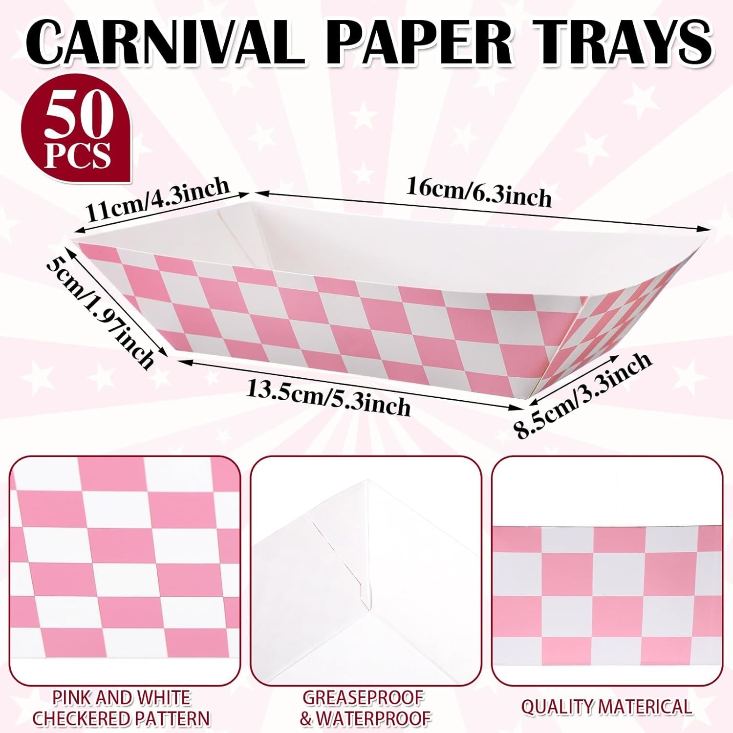 Gingham Disposable Paper Food Trays with Wax Paper for Parties, 100 Pcs