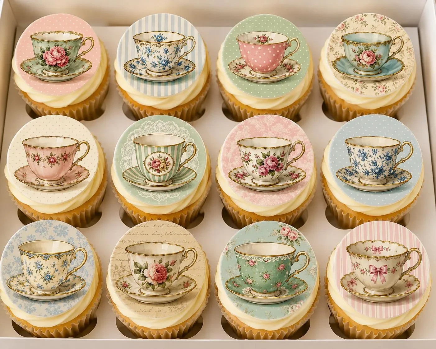 Vintage Teacup Cupcake Toppers Edible Images Tea Party Bridal Shower 12 Circles