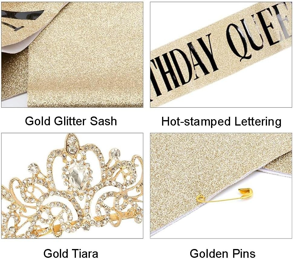 Birthday Queen Sash & Rhinestone Tiara Set Gold Happy Birthday Crowns for Women