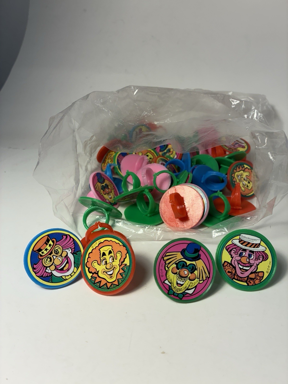 Lot 50 Vtg Clown Party Favor Rings 70s/80s Groovy Retro Pop Cupcake Toppers