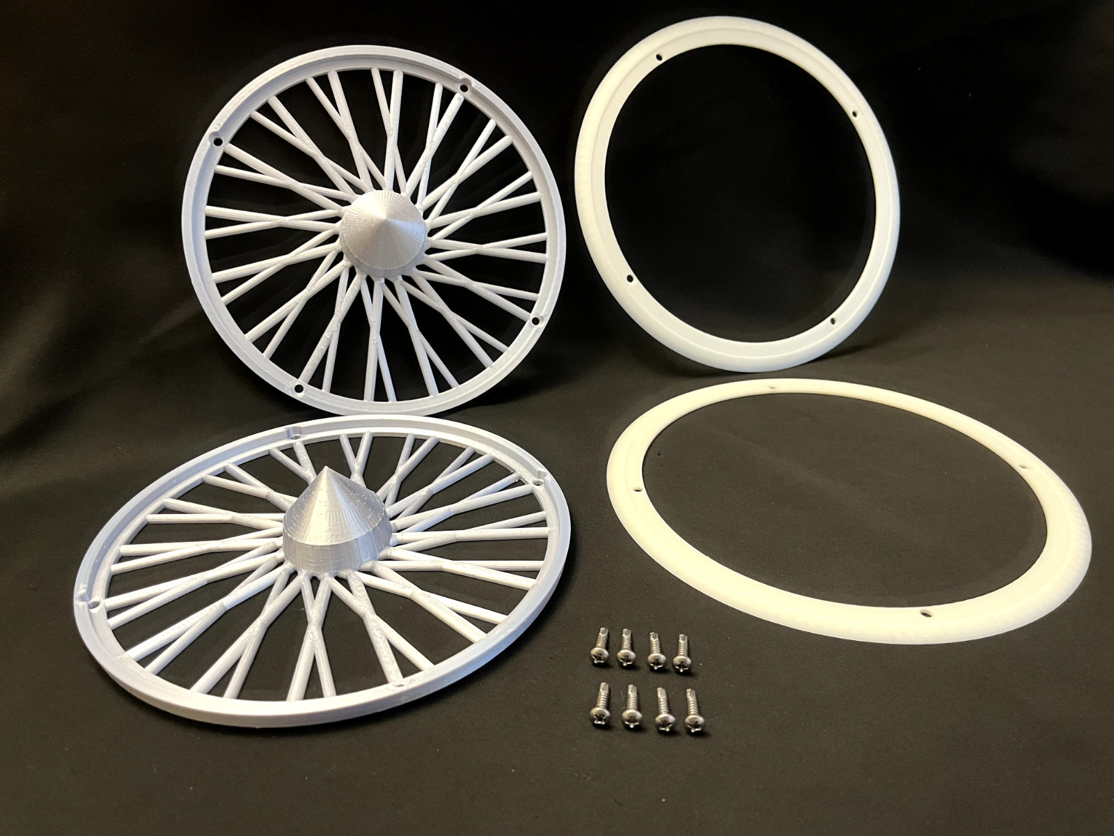 3D Printed Dayton Spoke Trash Can Rims Wheel Covers Whitewall Gold or Silver Set