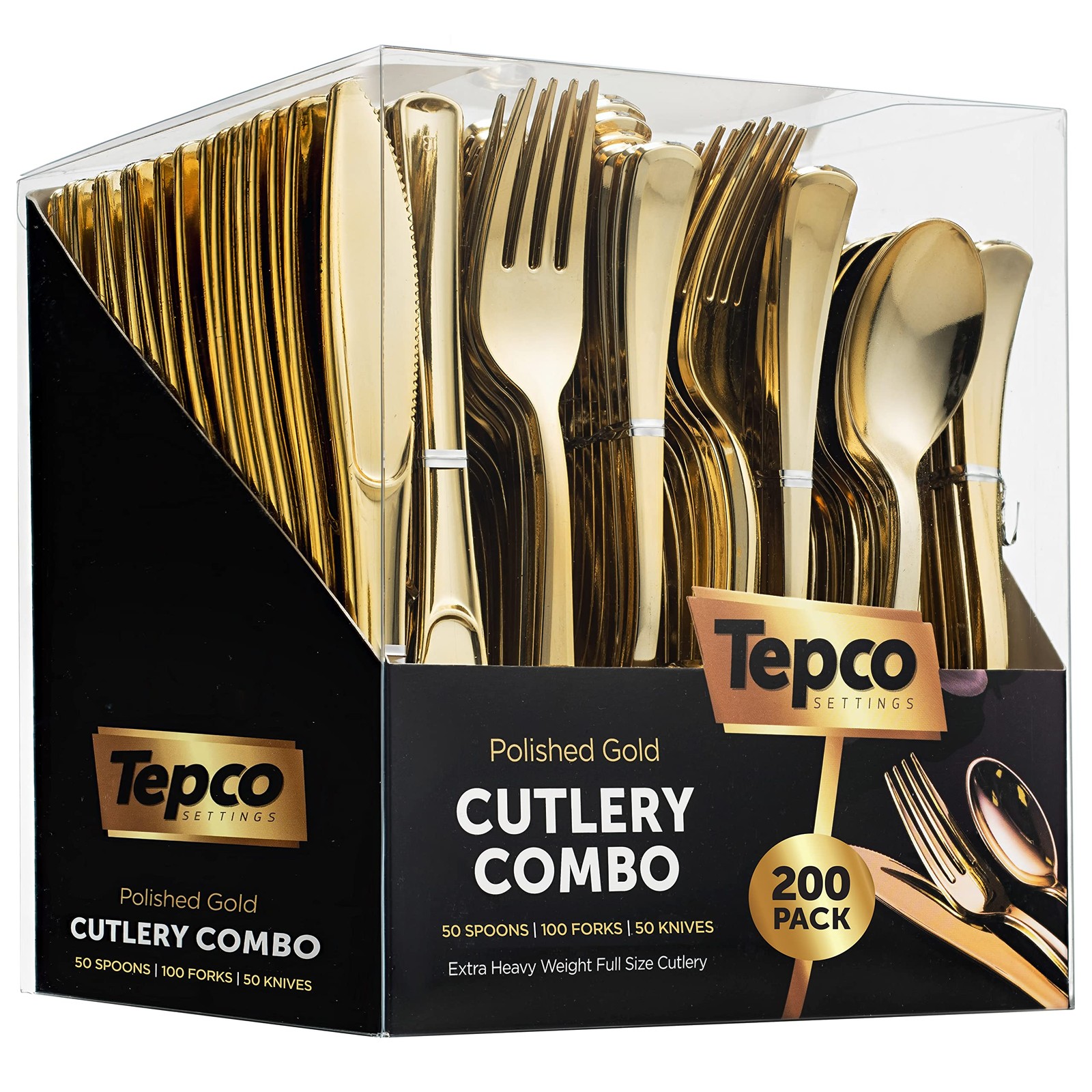 Gold Plastic Cutlery Set 200-Piece – 100 Forks, 50 Spoons, 50 Heavy Duty Knives