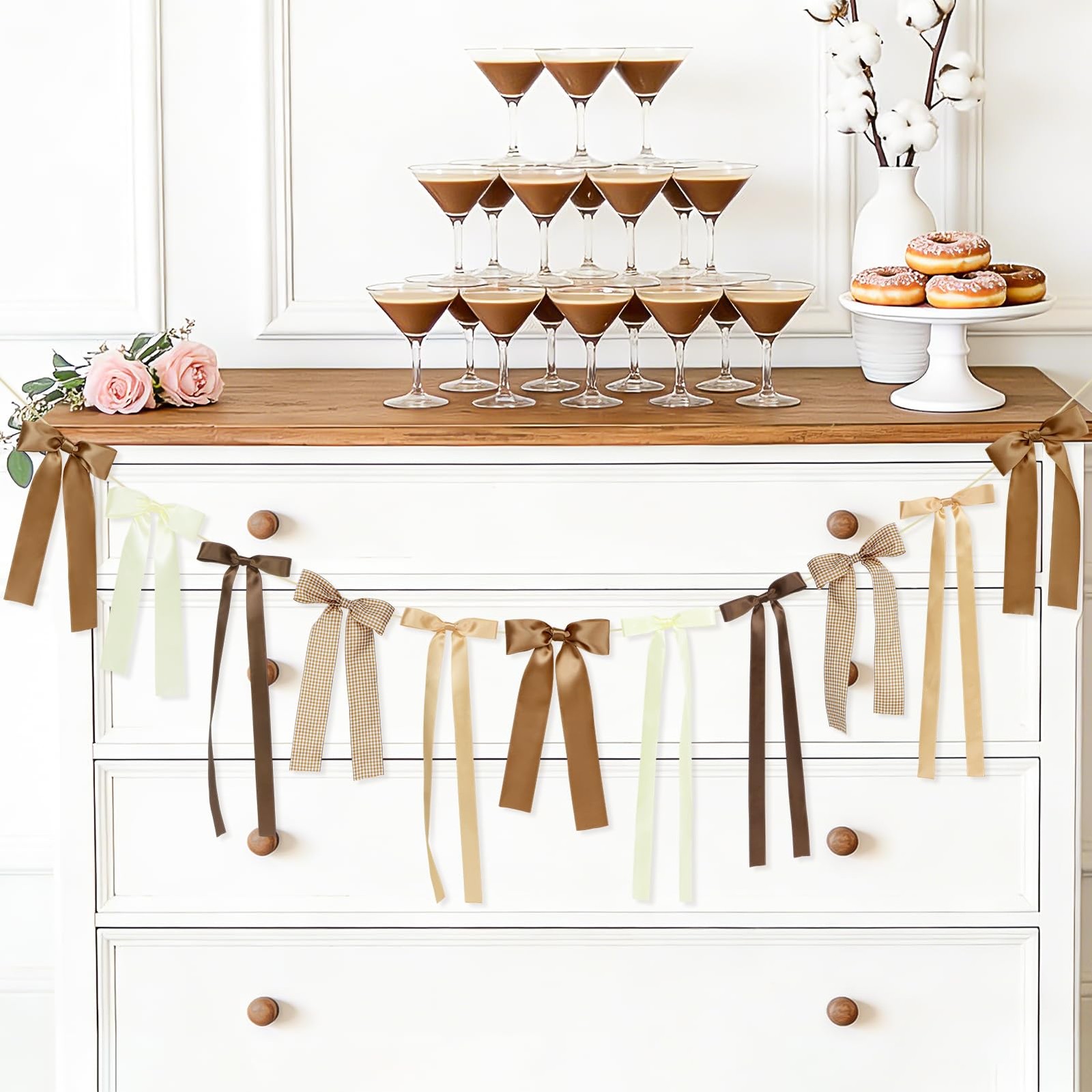 Brown Plaid Bow Garland Banner, Espresso Martini Theme Bow Garland Gingham Ri…