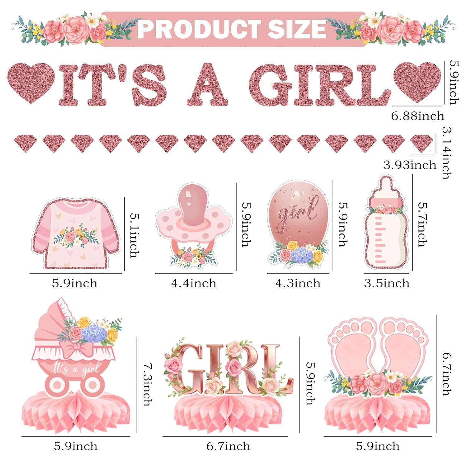 Pink Baby Girl Party Decorations Set 9Pcs Rose Gold Baby Shower Decorations