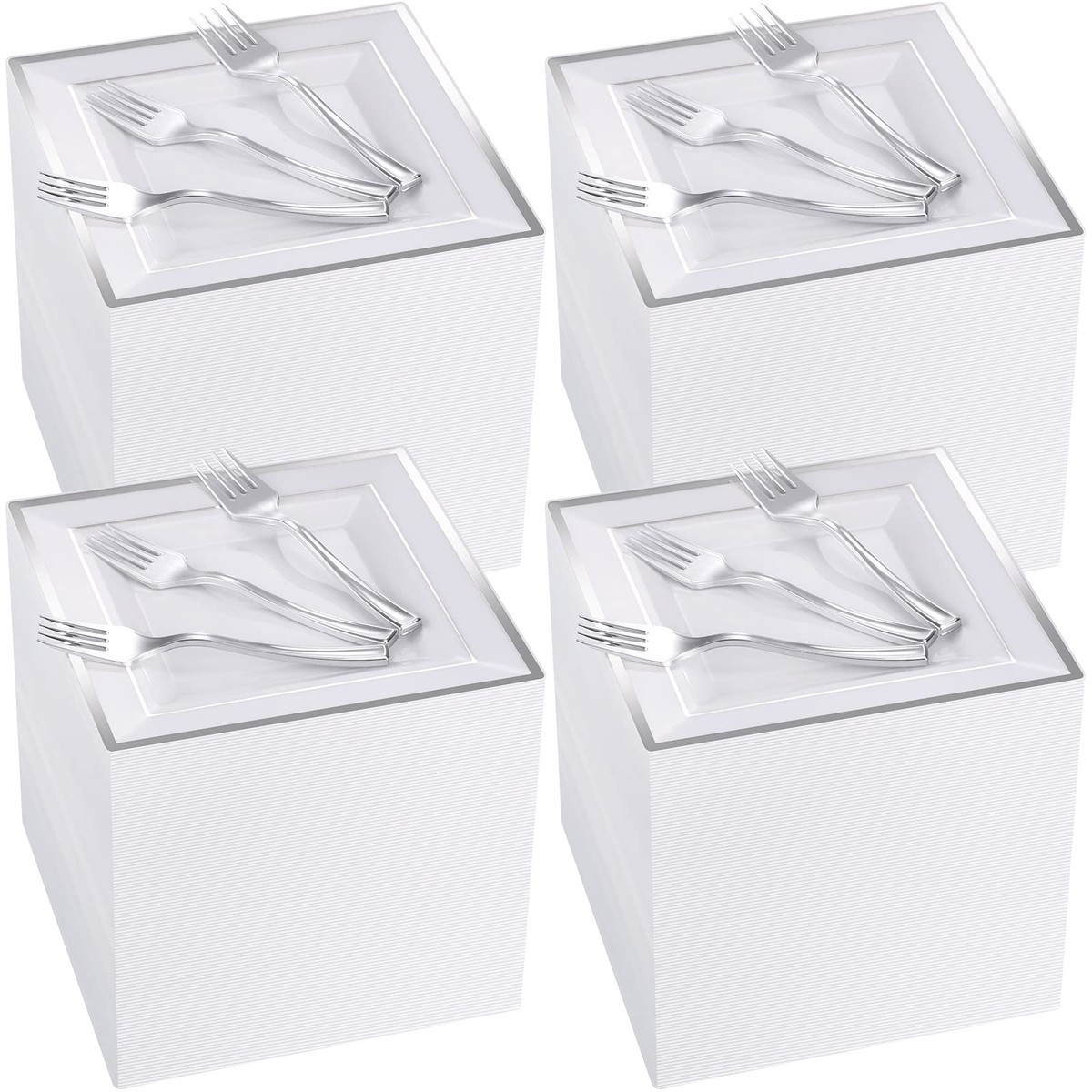 Gandeer 300 Pcs Square Plastic Plates Forks Set Include 150 Disposable 6.5 Inch