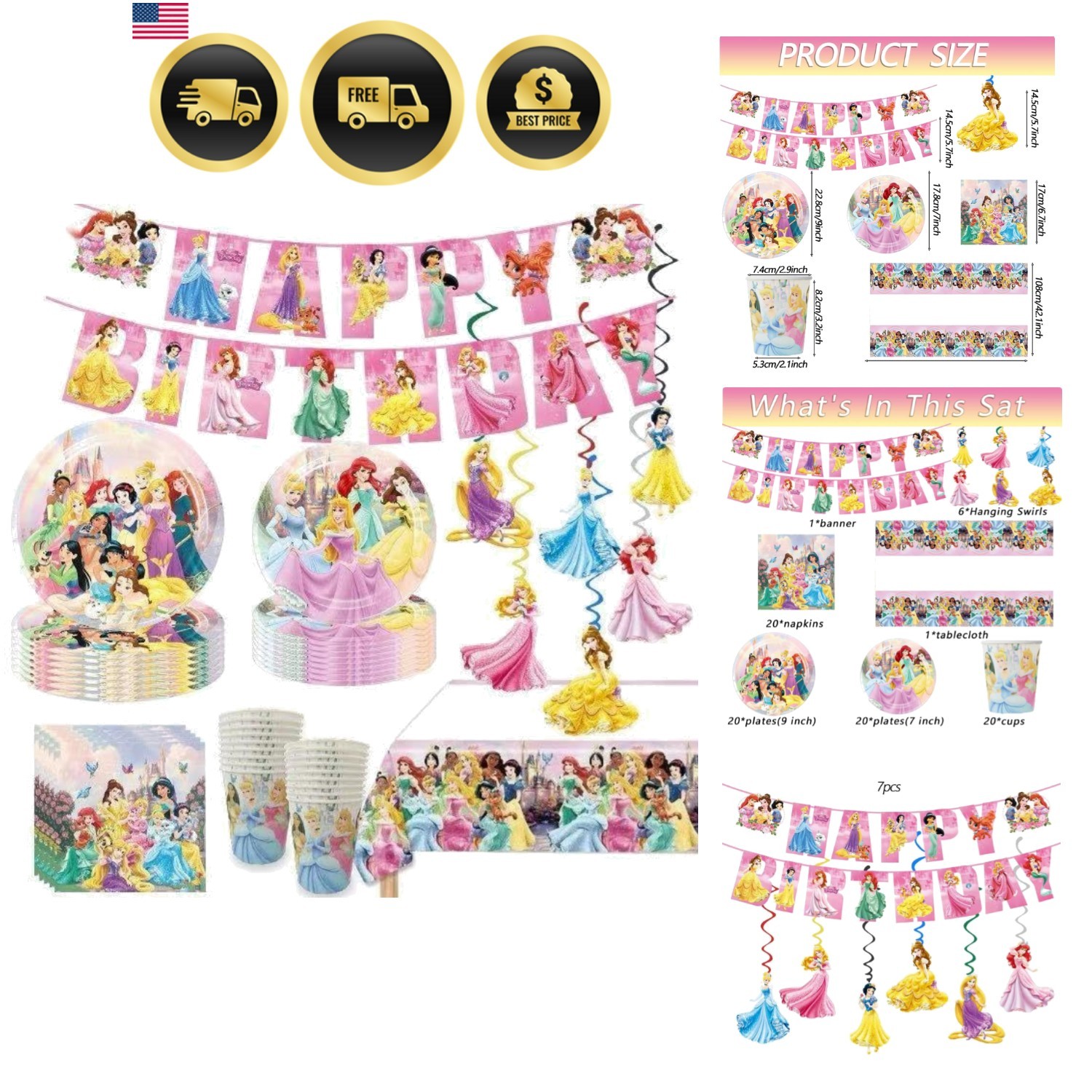 88PCS Disne Princess Birthday Decorations:40 Plates 9 inch + 7 inch, 20 Napki…