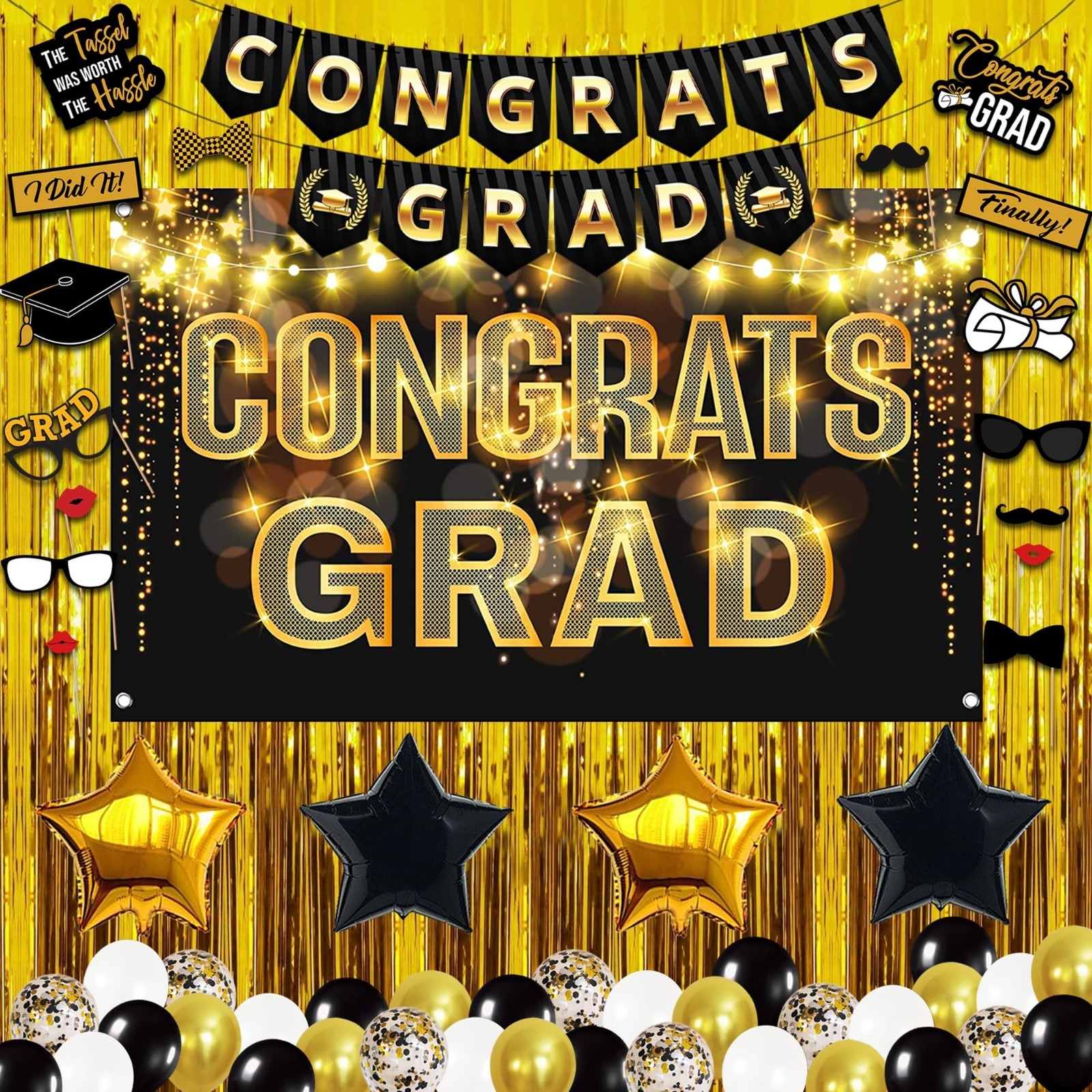 Black Gold Graduation Decorations 2026 – 61pc Set, Congrats Grad Banner, Foil Cu